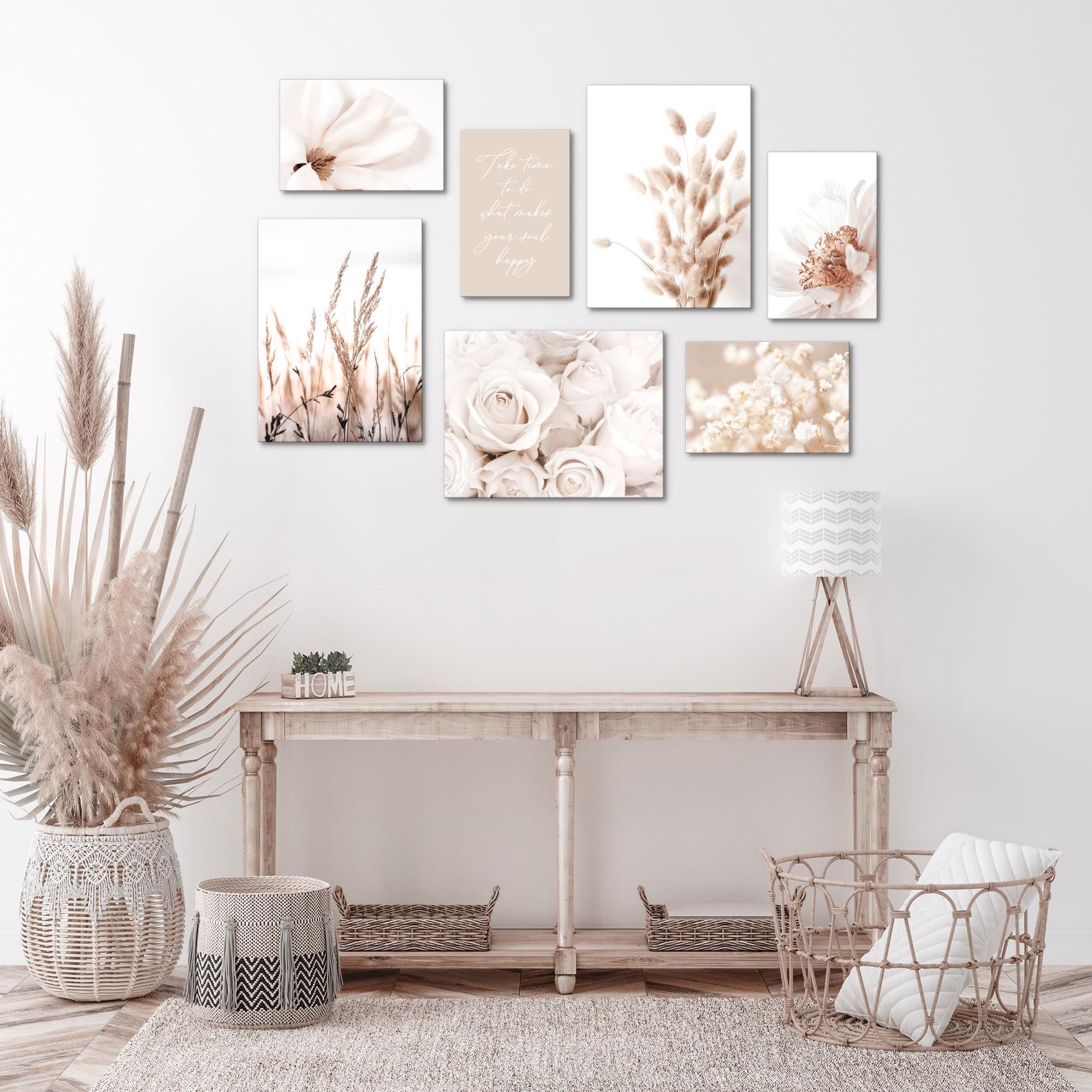 Novart Wandbild Boho Natur Blumen Beige - KOMPLETT AUFHÄNGFERTIG, Boho