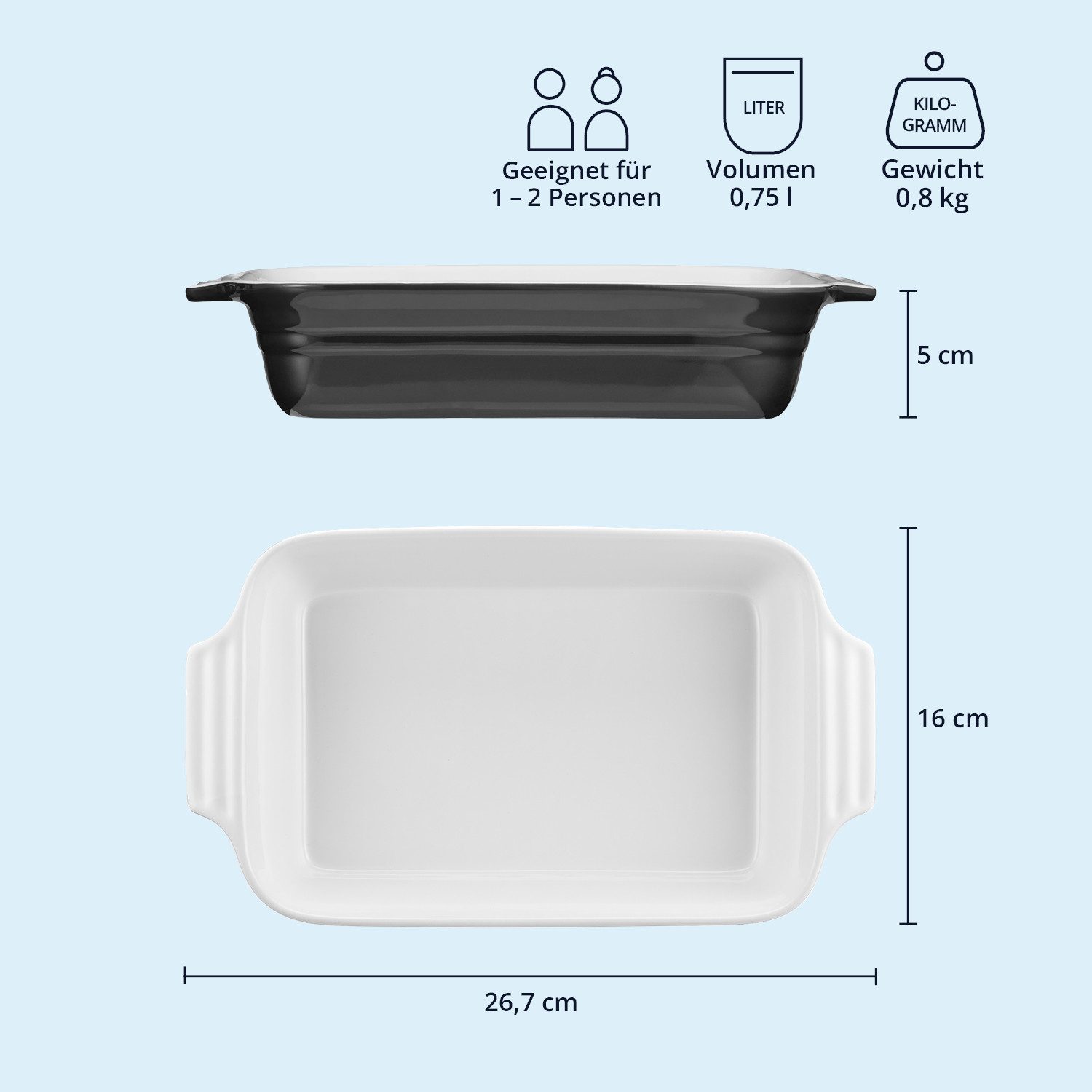 KHG Auflaufform mittel 26 cm Schwarz 1-2 Personen, Steingut, (1-St), Antihaft (mit Emaile glasiert)