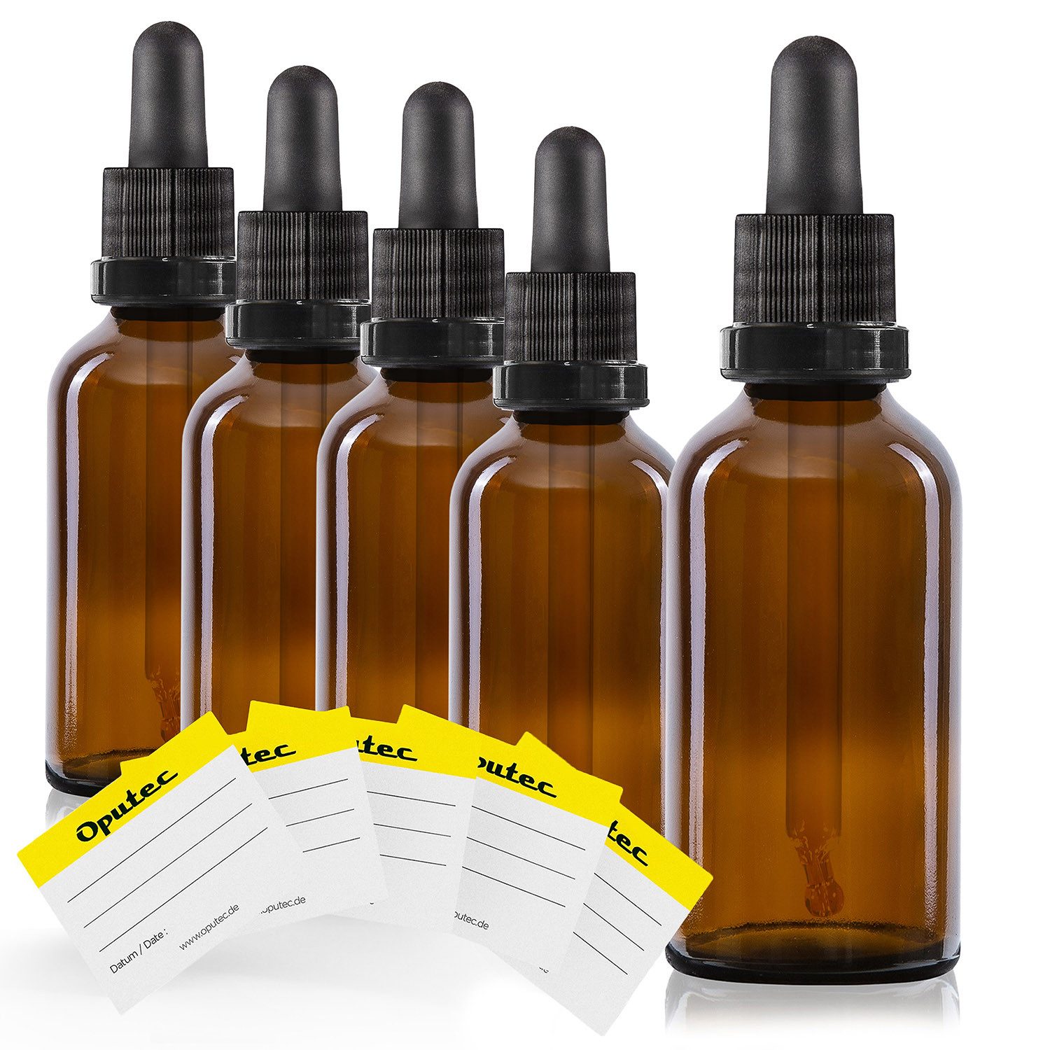 Oputec Pipettenflasche 5 x 50ml Braunglas-Tropfflasche mit Glaskugel-Pipette + 5 Etiketten (Sparset, 5 x 50 ml)