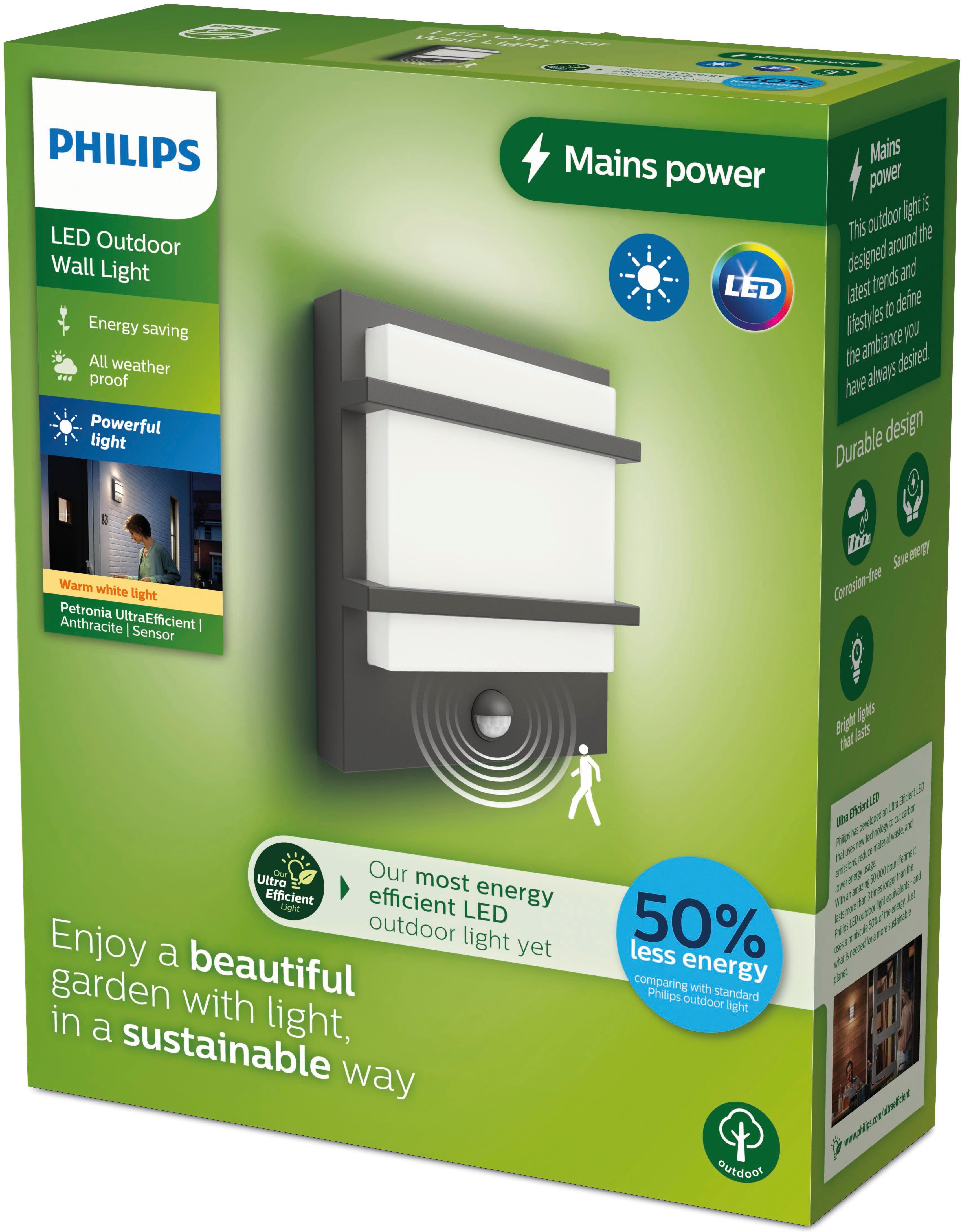 Philips LED Außen-Wandleuchte Outdoor Ultra-Efficient Petronia 3.8W, 2700 Kelvin, anthrazit, Abschaltautomatik, Bewegungsmelder, LED fest integriert, Warmweiß