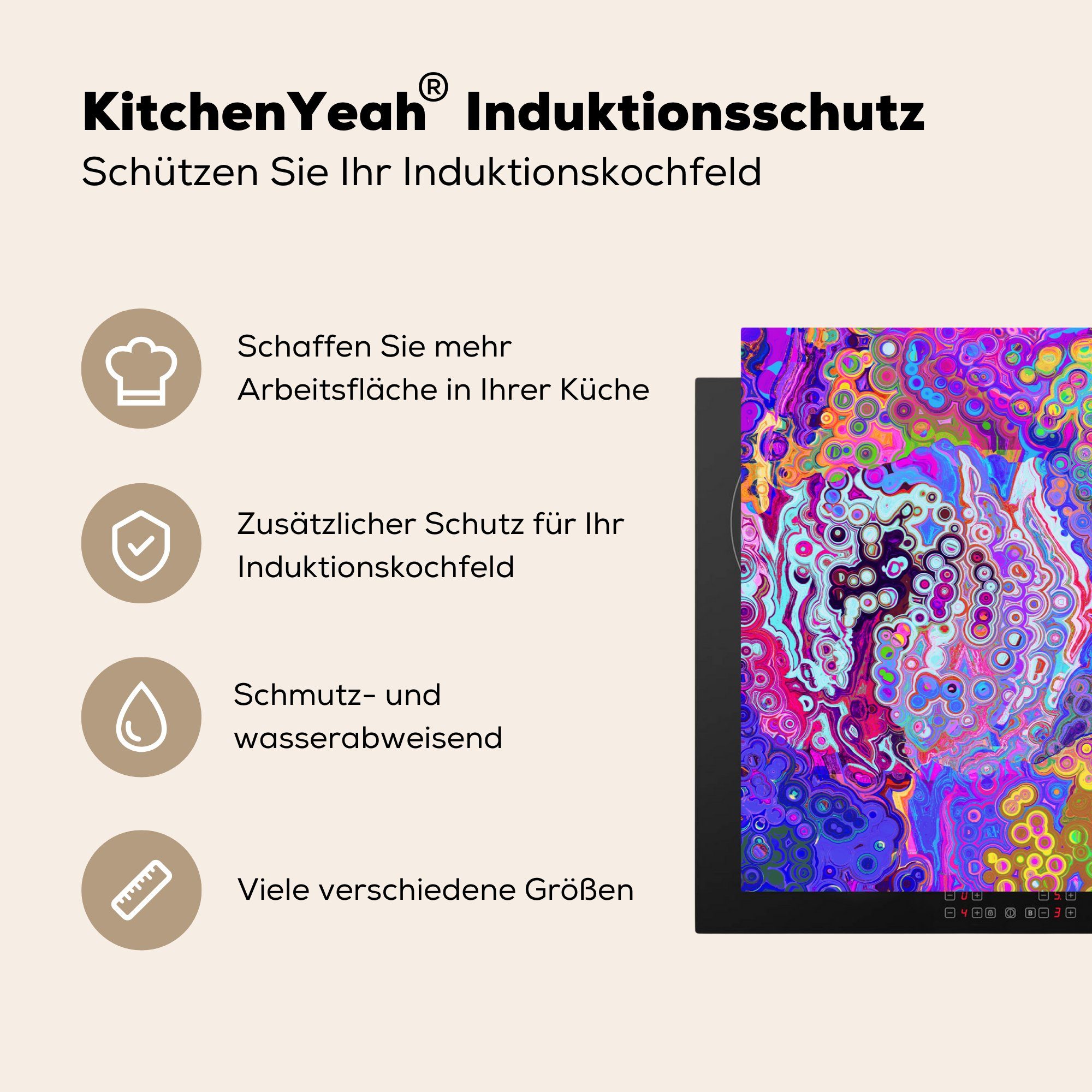 MuchoWow Herdblende-/Abdeckplatte (1 Farbe für - küche, Induktionskochfeld Vinyl, tlg), die 81x52 cm, Psychedelisch, Formen Ceranfeldabdeckung - Schutz Kunst 