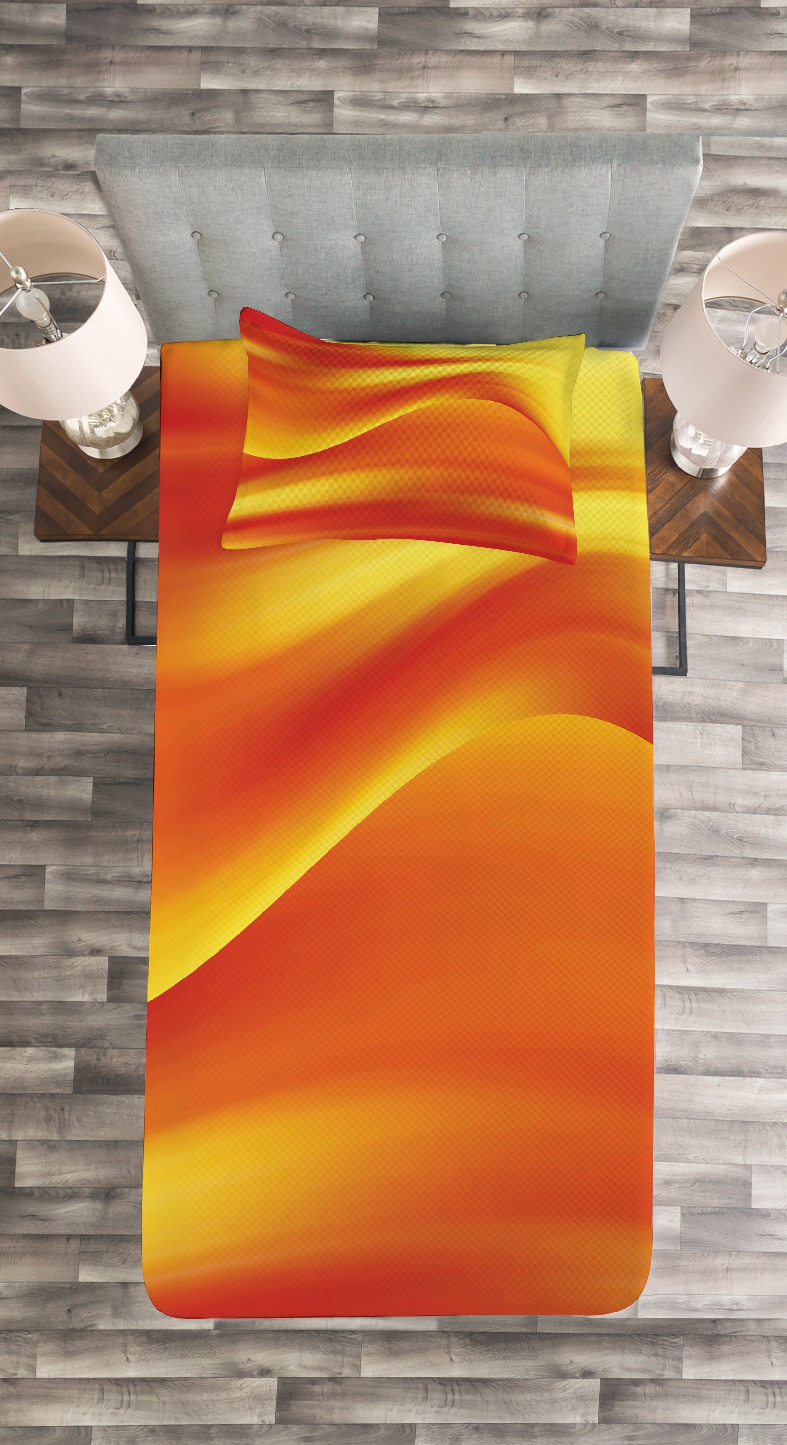 Tagesdecke Set mit Kissenbezügen Waschbar, Abstrakte Digital-Wellen Orange Abakuhaus