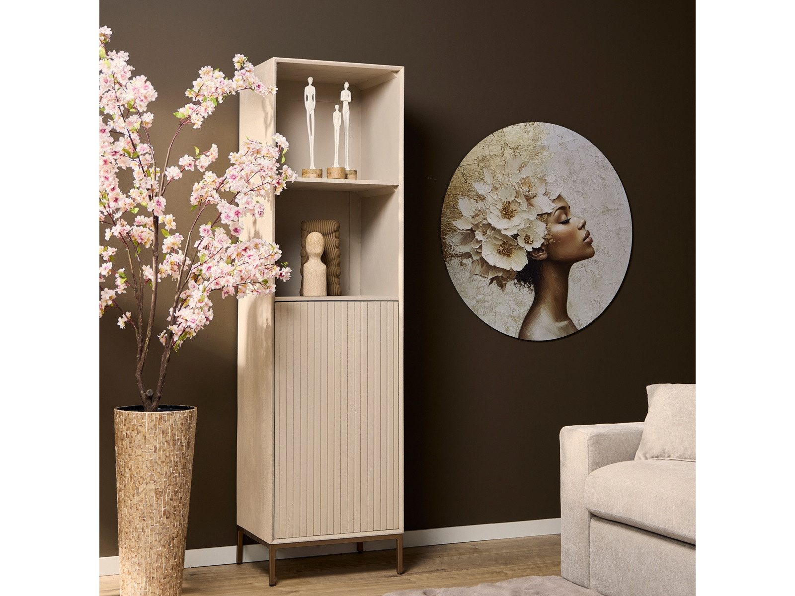 Villa Möbel Regal, Packung 1-tlg., Mangoholz Sand mit Lamellentür und Rahmen in Bronze-Optik