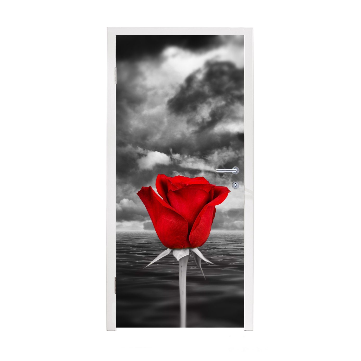 Meer Türaufkleber, Rose MuchoWow Türtapete für einem Schwarz-Weiß-Fotografie einer cm vor Fototapete St), bedruckt, 75x205 einem, (1 Matt, und roten Tür,