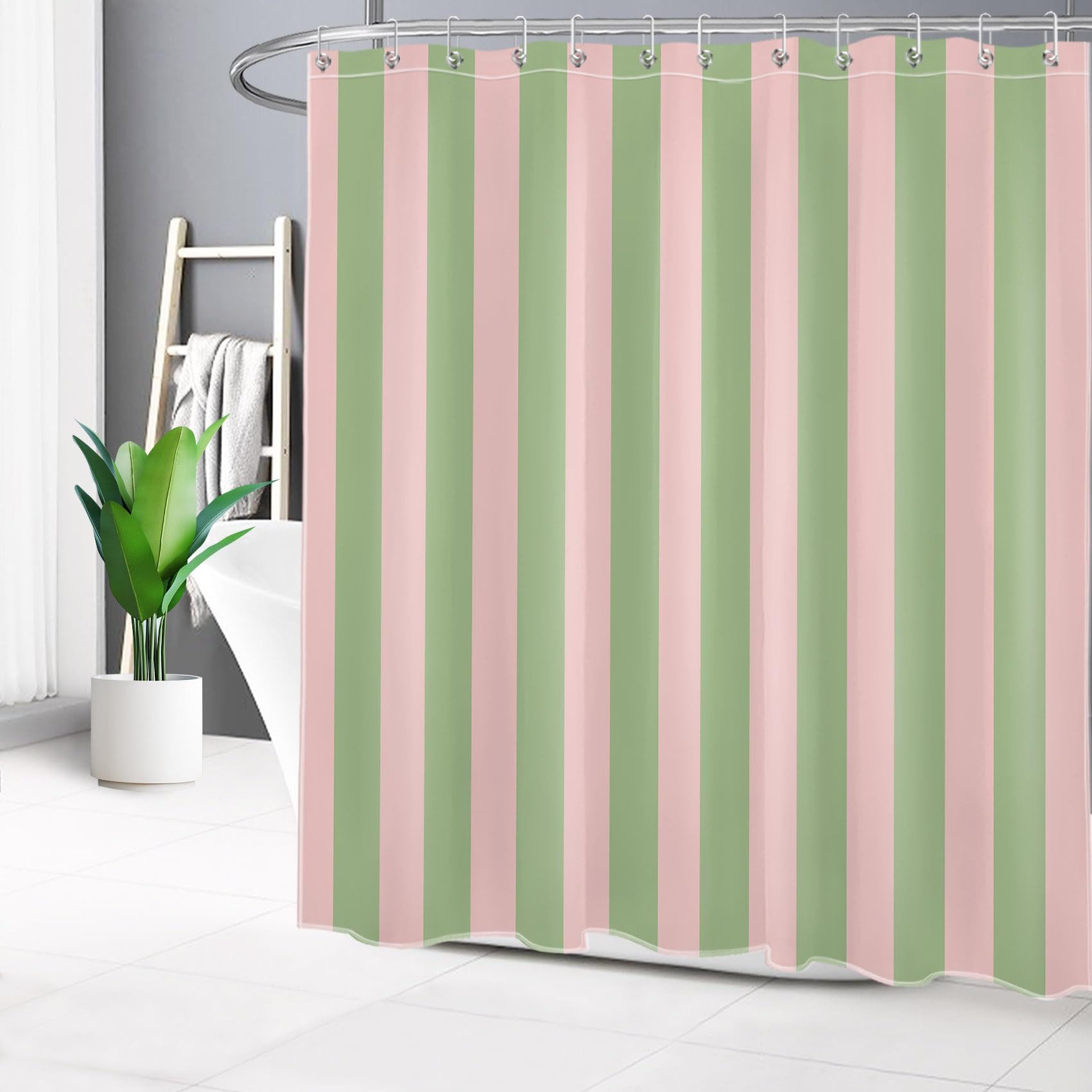 FOUORTUNATE-BEE Duschvorhang Grün und Rosa gestreift Duschvorhang Antischimmel Wasserdicht Breite 180 cm (Badezimmer Vorhänge Moderne Kunst Polyester Stoff, Bad Vorhang mit Haken)