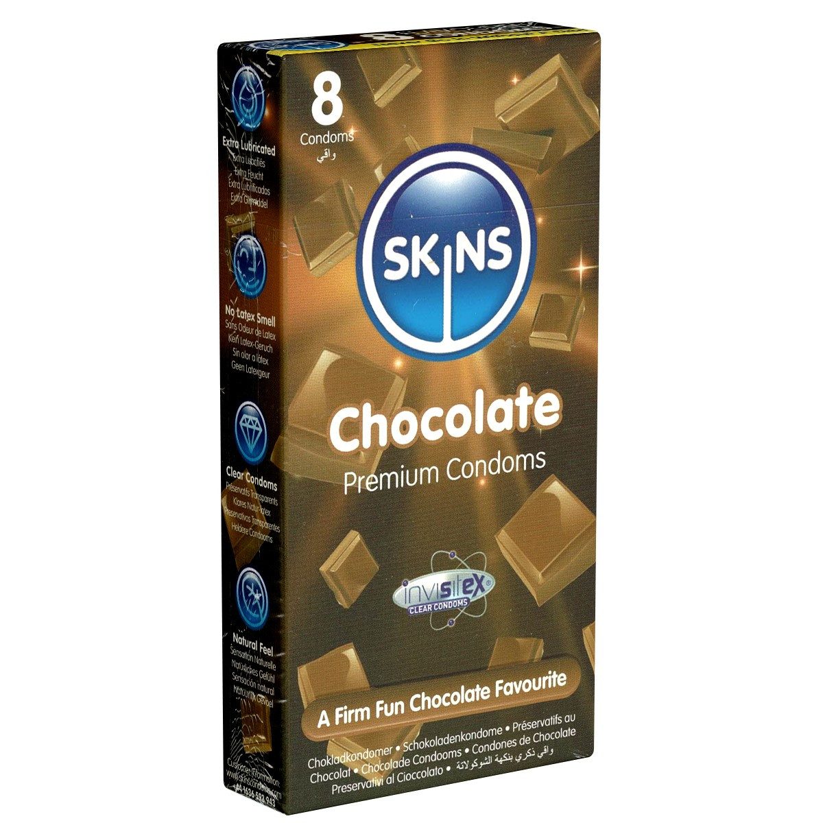 SKINS Condoms Kondome Chocolate, samtweiche Oberfläche, fühlt sich an wie "echt", Packung mit, 8 St., Kondome mit süßem Schokoladen-Aroma, durchsichtiges Latex (kristallklar), kein Latexgeruch