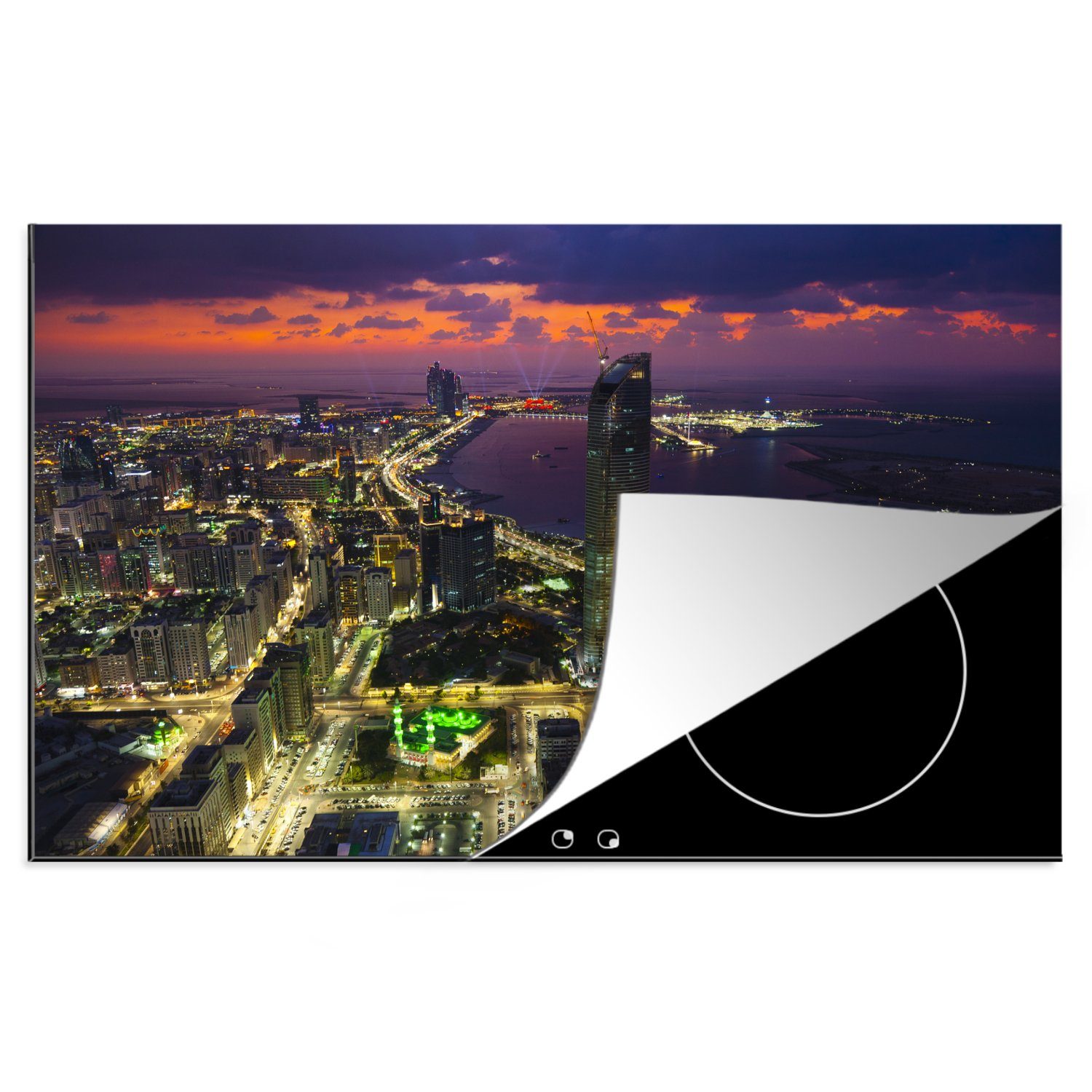 MuchoWow Herdblende-/Abdeckplatte Die Skyline von Abu Dhabi in den Vereinigten Arabischen Emiraten mit, Vinyl, (1 tlg), 81x52 cm, Induktionskochfeld Schutz für die küche, Ceranfeldabdeckung