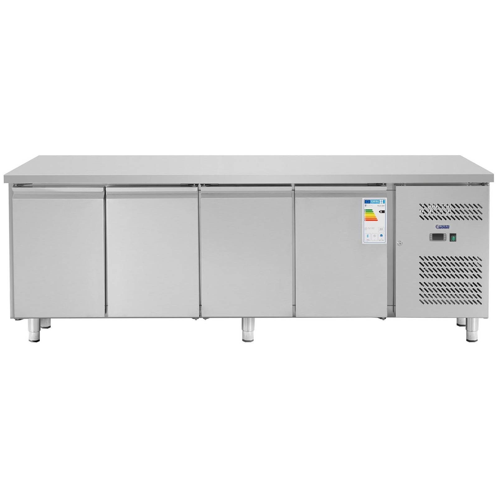 Royal Catering Kühlschrank RCLK-S449, 85.5 cm hoch, 223 cm breit, Kühltisch 450L 4 Türen Saladette Pizzatisch Arbeitsfläche Gastro Profi