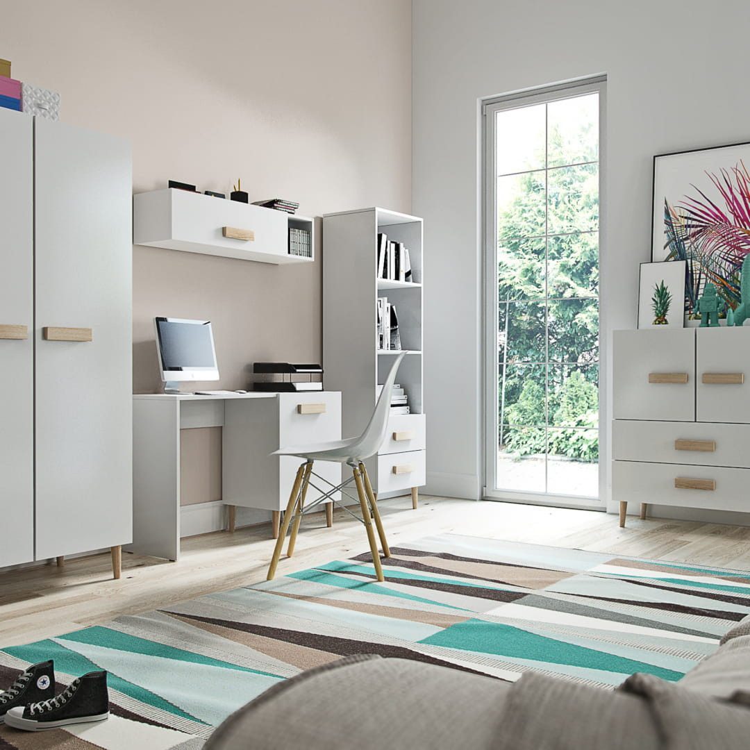 SM SEGA Jugendzimmer-Set LEMON 5-tlg Möbel für den Raum, (Kompletess Set, Klaiderschrank, Regal, Kommode, Schreibtisch, Regalwand), 5-teiliges weißes Möbelset mit einer Auswahl an Griff- und Beinfarben