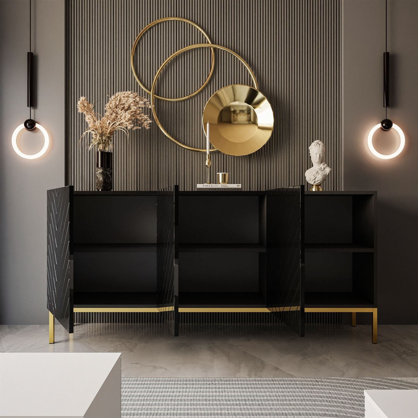 ALLHOUSE24 Kommode ELISE 160 Fischgrätenfront Hochglanz GOLD Metallgestell BERLIN, Breite 160 cm