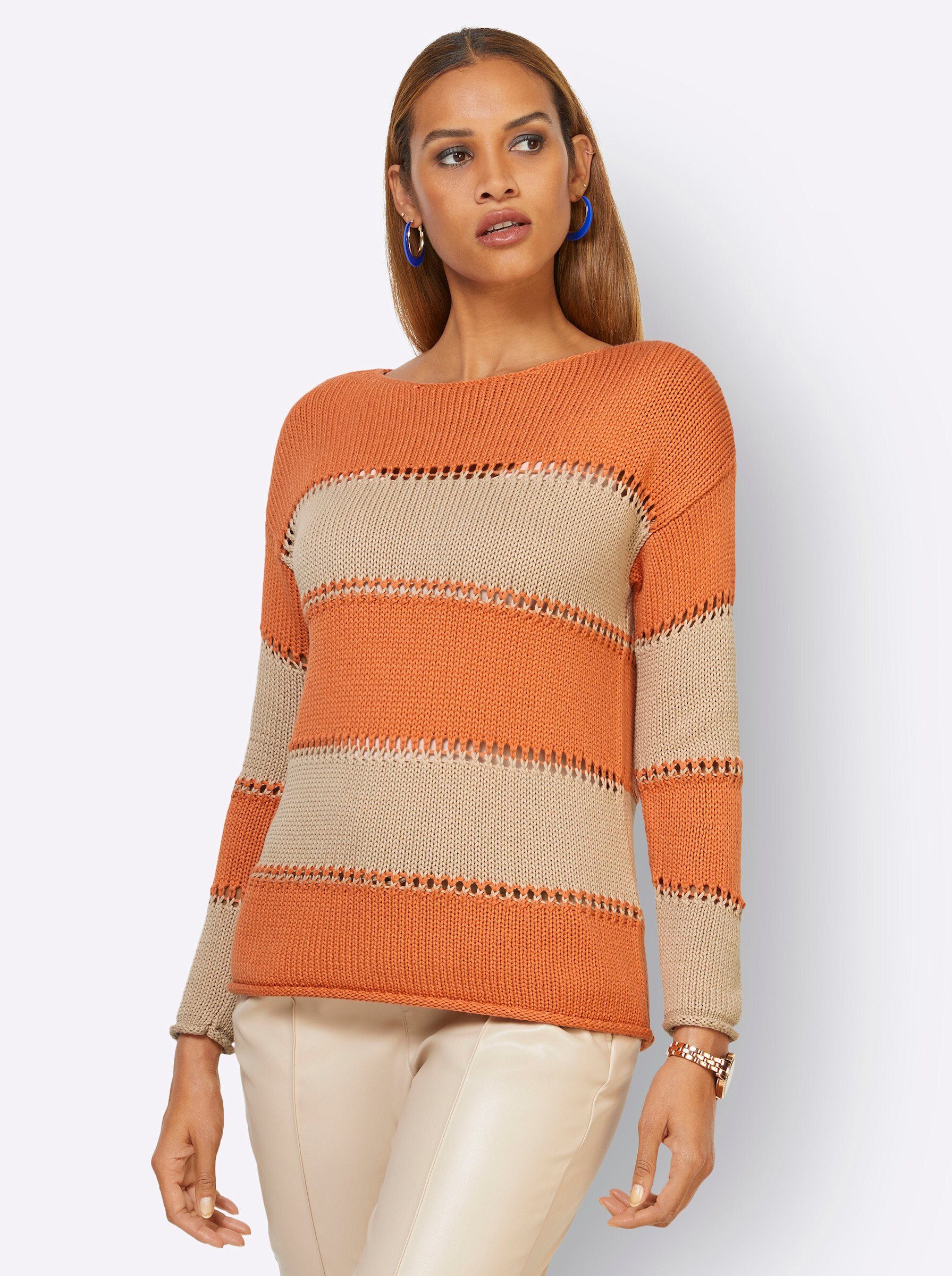 creation L Strickpullover beige-mandarine-gestreift