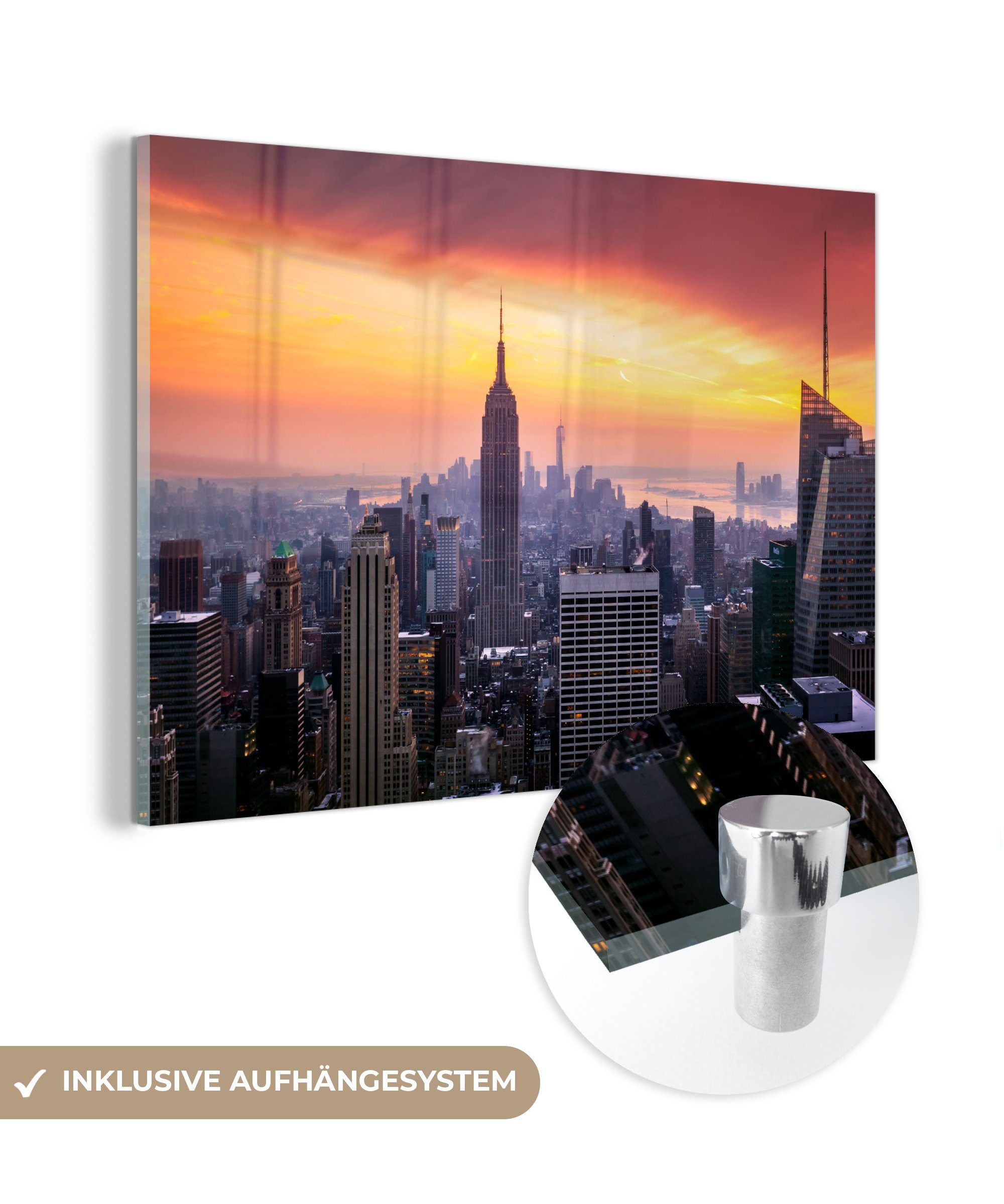 MuchoWow Acrylglasbild Sonnenuntergang über dem Empire State Building, (1 St), Acrylglasbilder Wohnzimmer & Schlafzimmer
