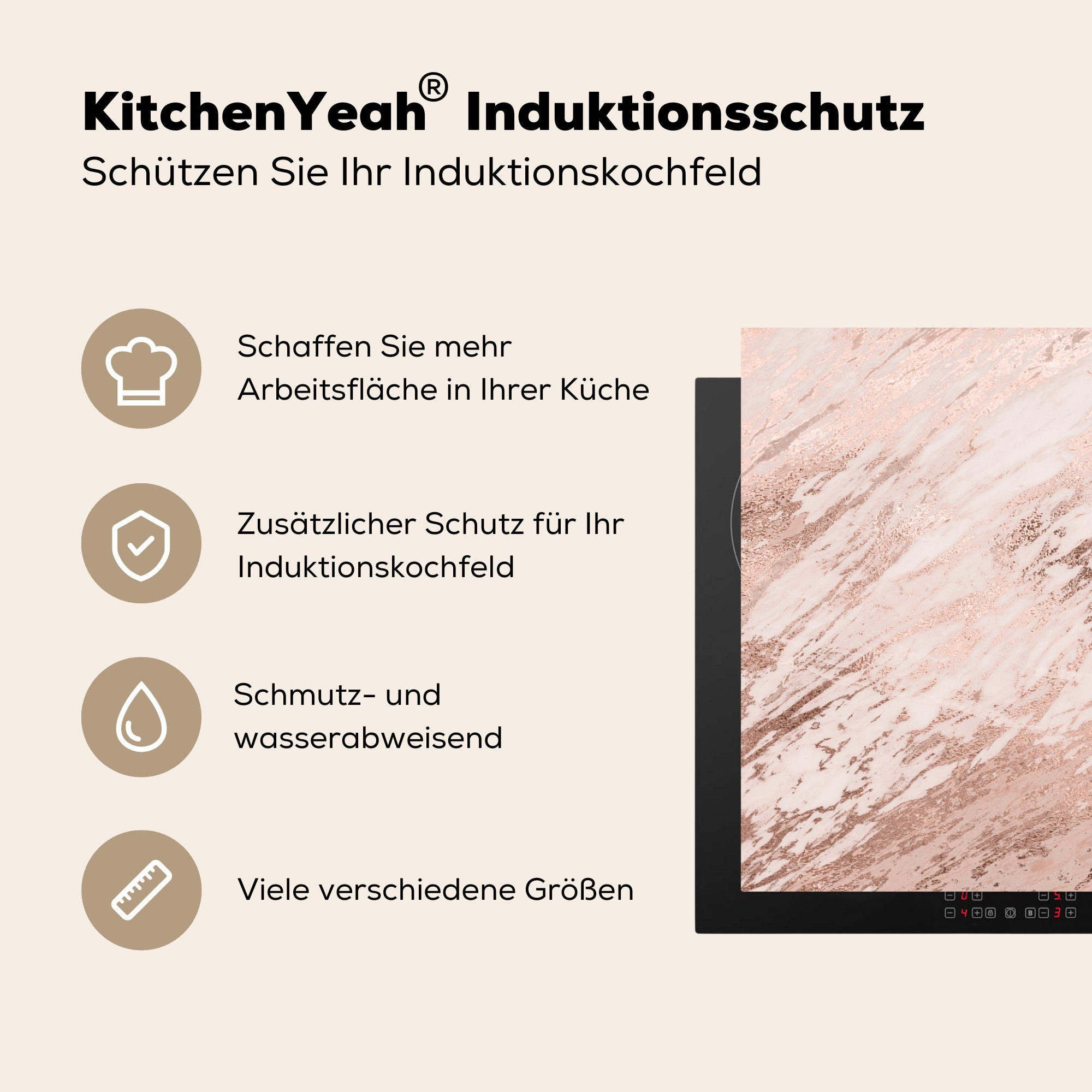 cm, - küche Muster Vinyl, tlg), 78x78 MuchoWow für - Rosa - Gold, Arbeitsplatte Ceranfeldabdeckung, (1 Herdblende-/Abdeckplatte Marmor