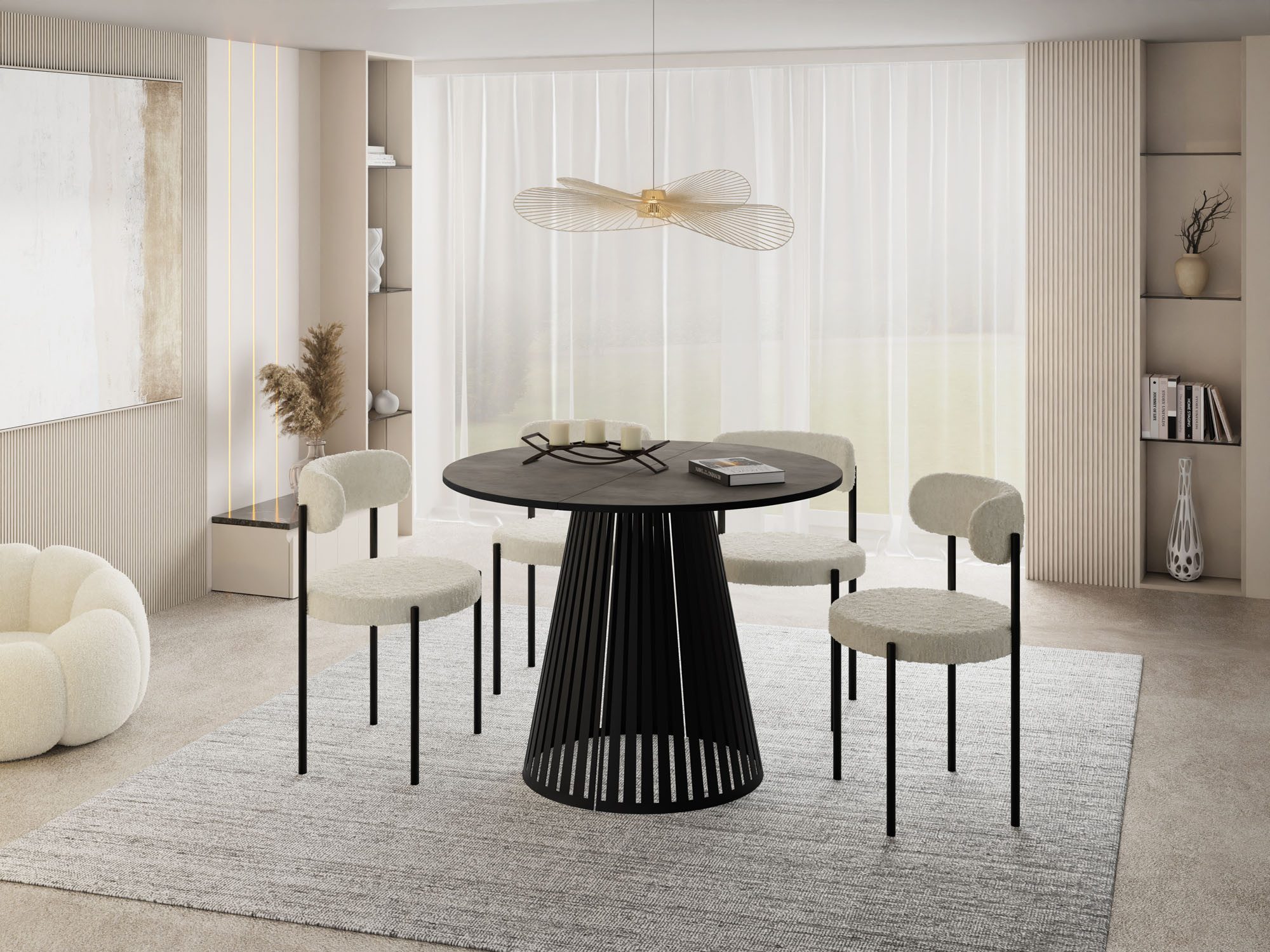 WFL GROUP Esstisch Naro Black ausziehbar rund mit schwarzen Lamellen, Metallbeinen (MADE IN EU, erhältlich in 2 Größen – 100/120 cm, ausziehbar auf 180/200 cm), platzsparender Tisch mit Lamellen für Küche, Esszimmer oder Wohnzimmer