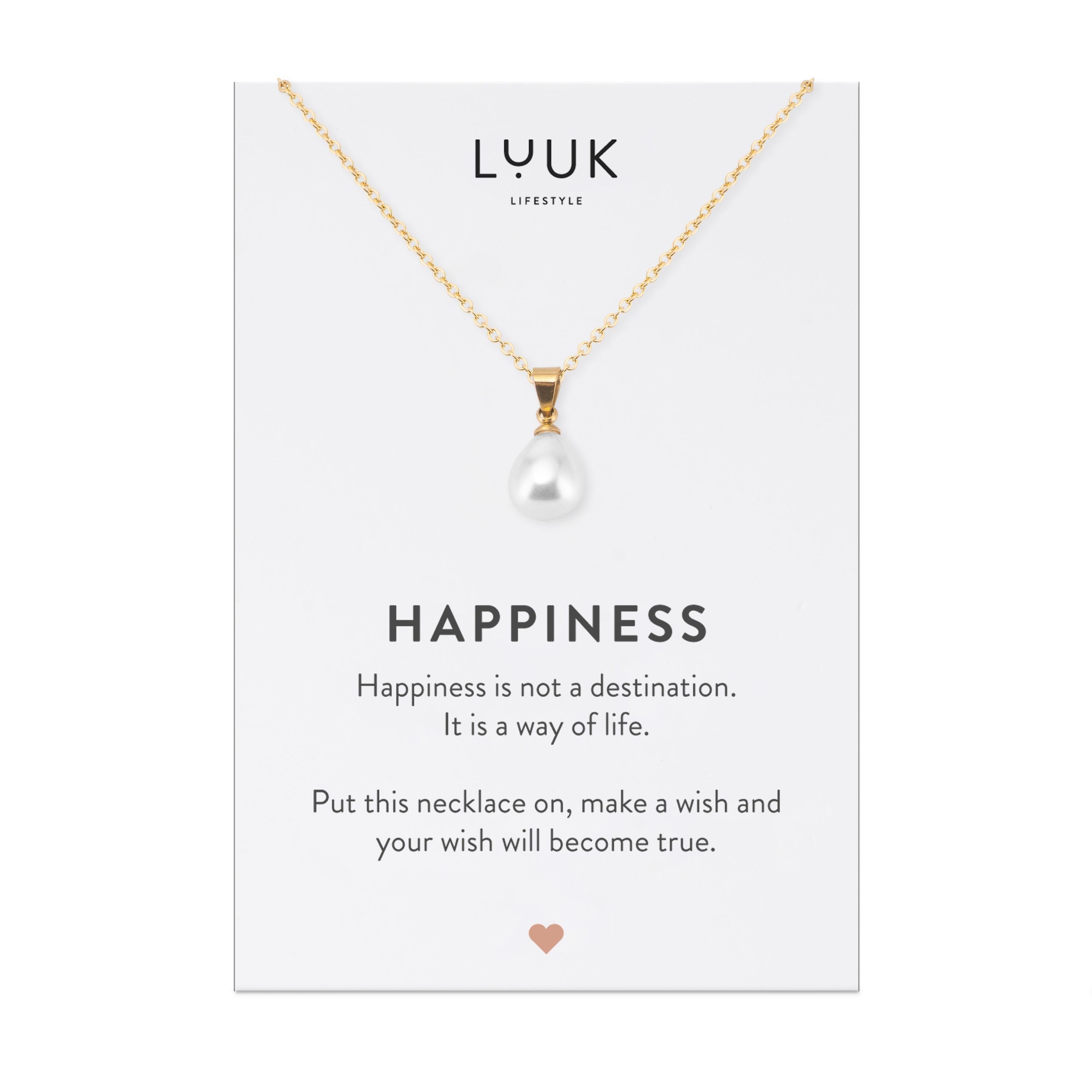 LUUK LIFESTYLE Kette mit Anhänger Perle, HAPPINESS Geschenkkarte für Frauen, Festivalschmuck Gold