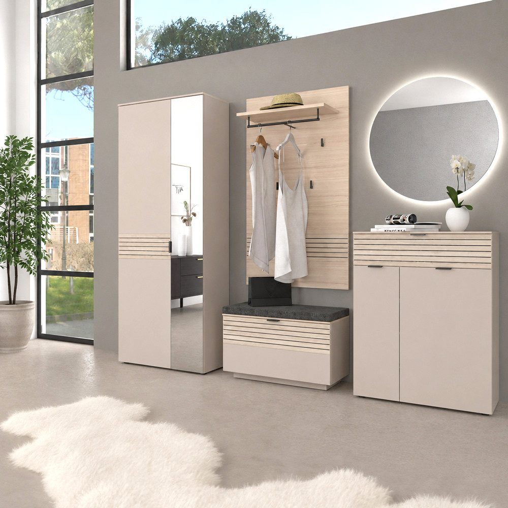 Lomadox Garderoben-Set ISCHIA-36, (Spar-Set, 5-St., Schrank Wandpaneel Schuhbank Kommode Spiegel), in Beige mit Eiche, inkl. beleuchtetem Spiegel, Lamellenoptik