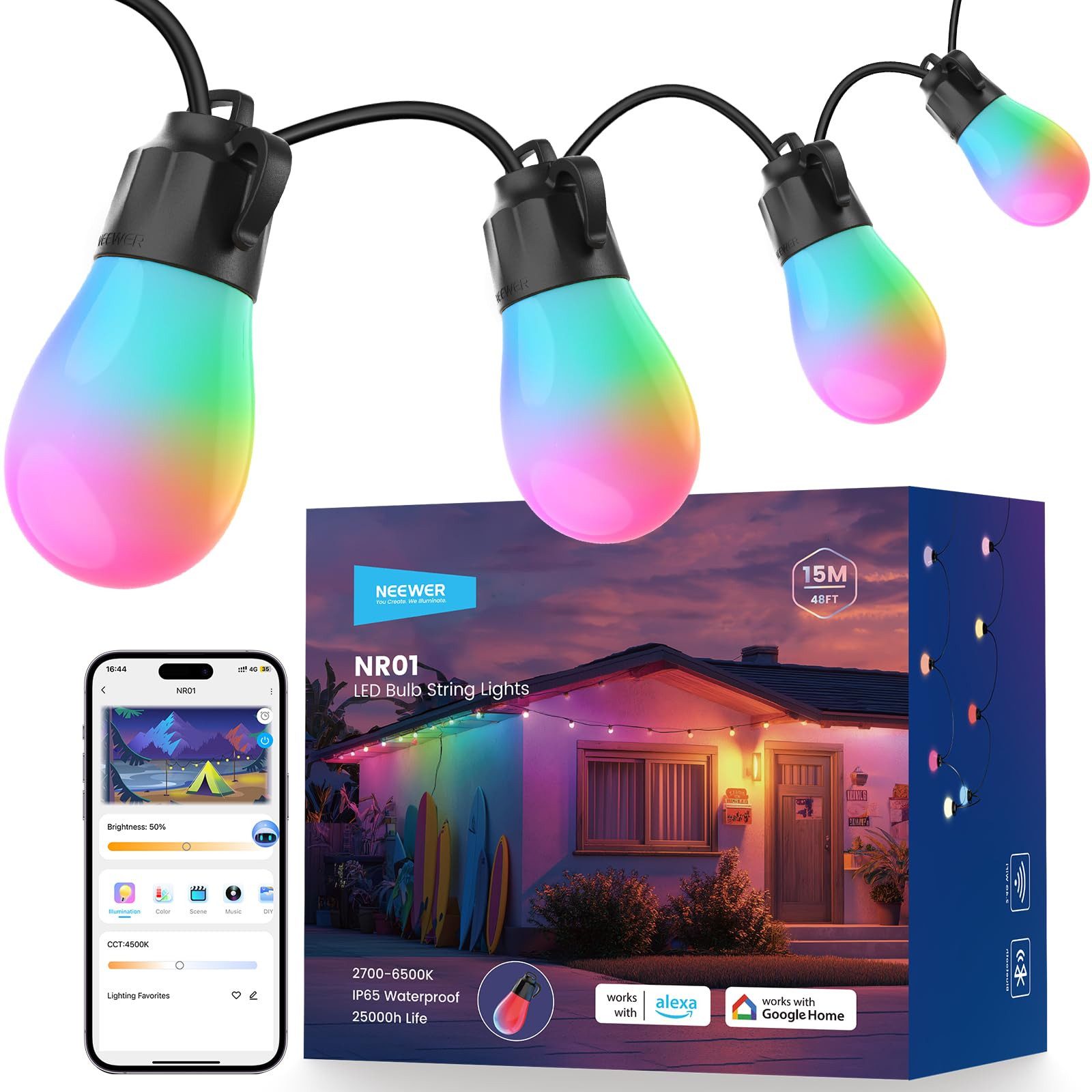 Neewer LED-Lichterkette NR01 29.8M Außen Lichterkette, Smart AI RGBW, Dimmbar, App Steuerung, IP65 Wasserdicht, kompatibel mit Alexa Google, für Außenbereich Balkon