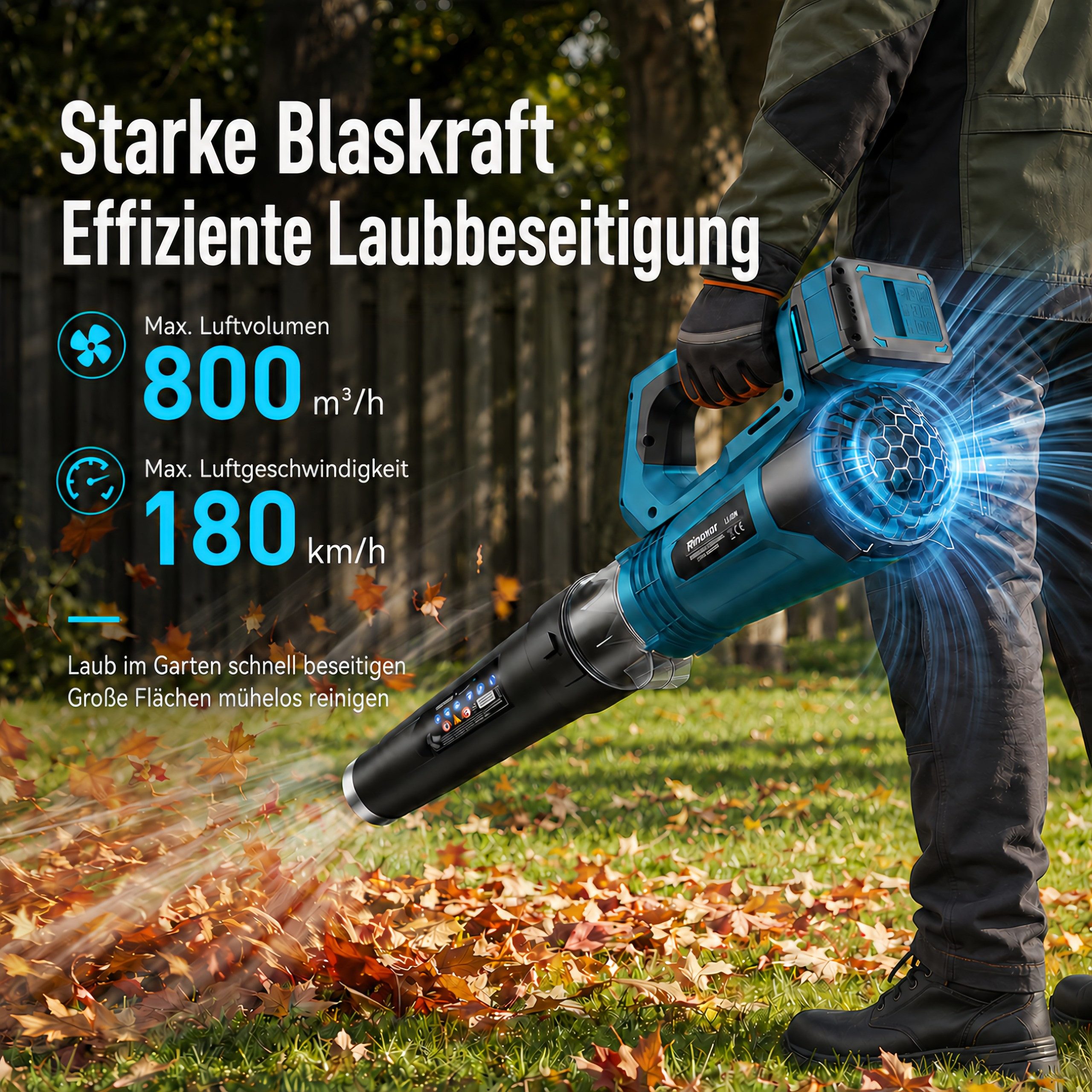 Rinoxar Akku-Laubbläser Akku-Laubbläser 850W 180 km/h mit 2x 5200mAh Akku & Turbo, 5 Stufen, 800 m³/h, bürstenloser Motor, leicht & handlich