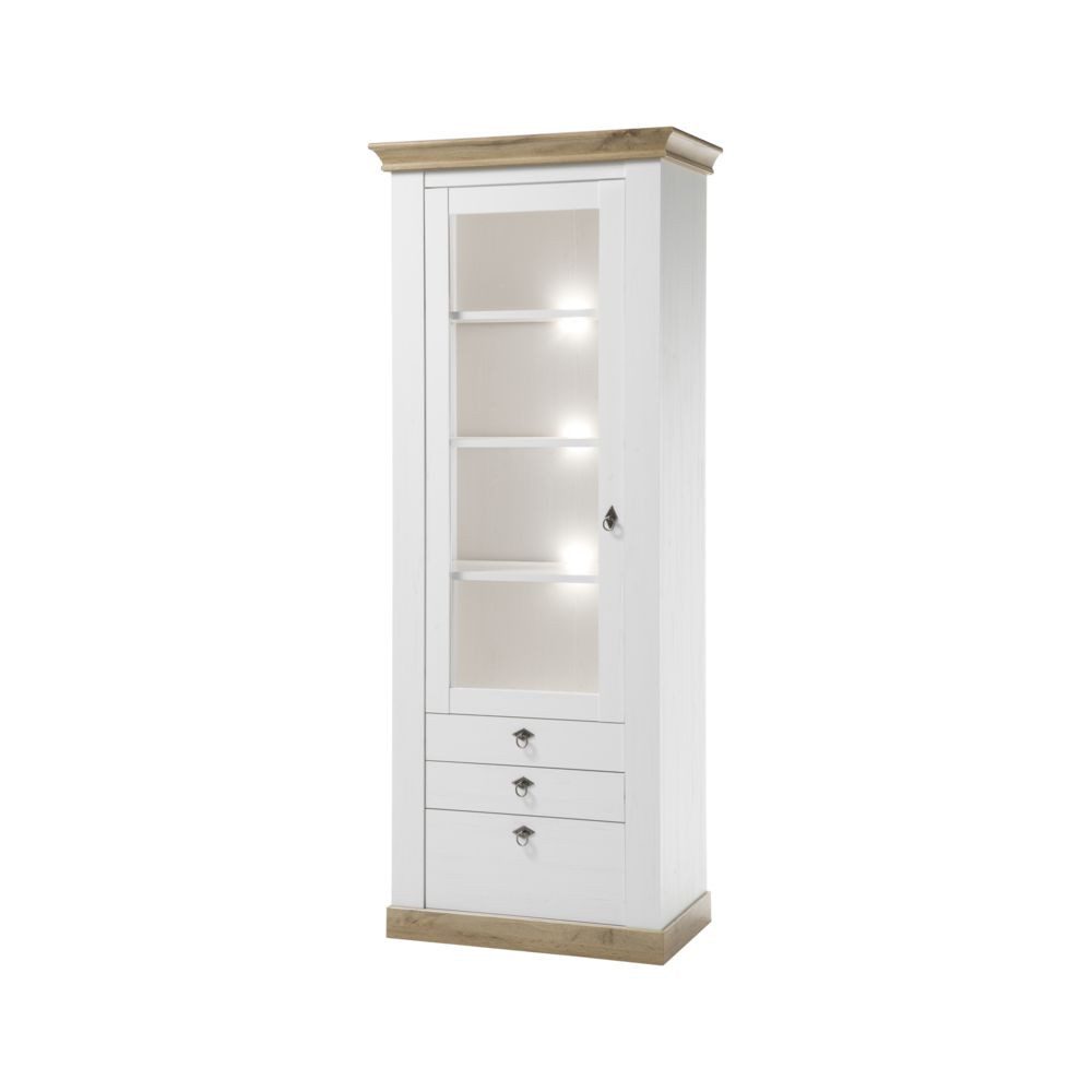 Lomadox Vitrine LINARES-61 Pinie weiß / Wotan Eiche Nb. inkl. LED - 82/204/44 cm