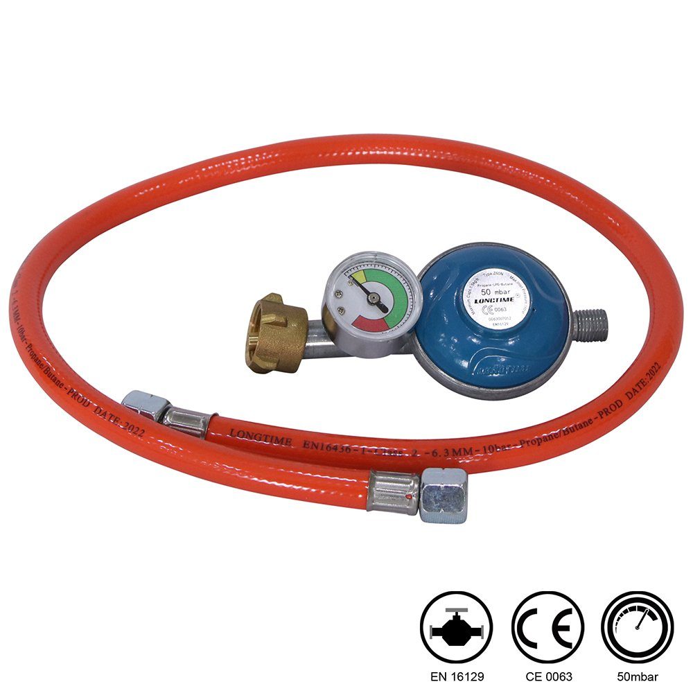 Melko Gasgrill Gas Schlauch Manometer Druckminderer Gasregler Propan Butan Gusseisen, Stück, Inkl. Manometer