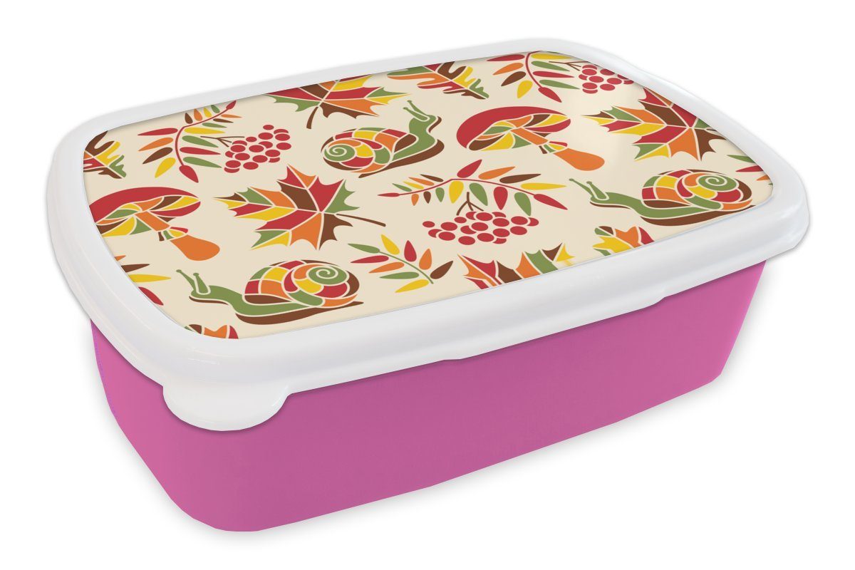 MuchoWow Lunchbox Herbst - Schnecken - Muster, Kunststoff, (2-tlg), Brotbox für Erwachsene, Brotdose Kinder, Snackbox, Mädchen, Kunststoff rosa