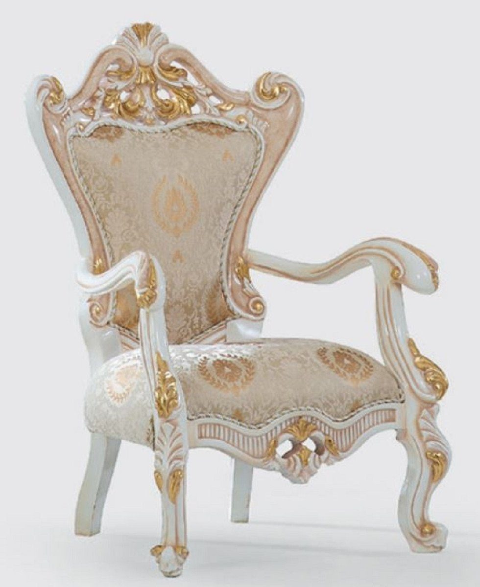 Casa Padrino Sessel Luxus Barock Sessel Beige / Weiß / Gold 85 x 75 x H. 128 cm - Handgefertigter Wohnzimmer Sessel mit elegantem Muster - Barock Wohnzimmer Möbel - Edel & Prunkvoll