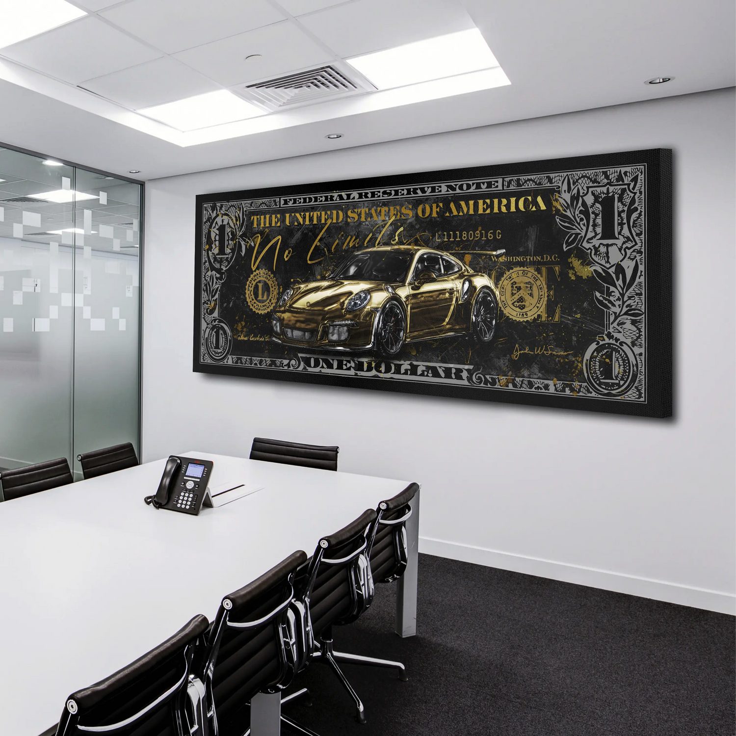 Artedinoi Leinwandbild Sportwagen Gold No Limits Dollar Leinwandbild Wandbild XL Deko, Sportwagen mit Geld-Motiv