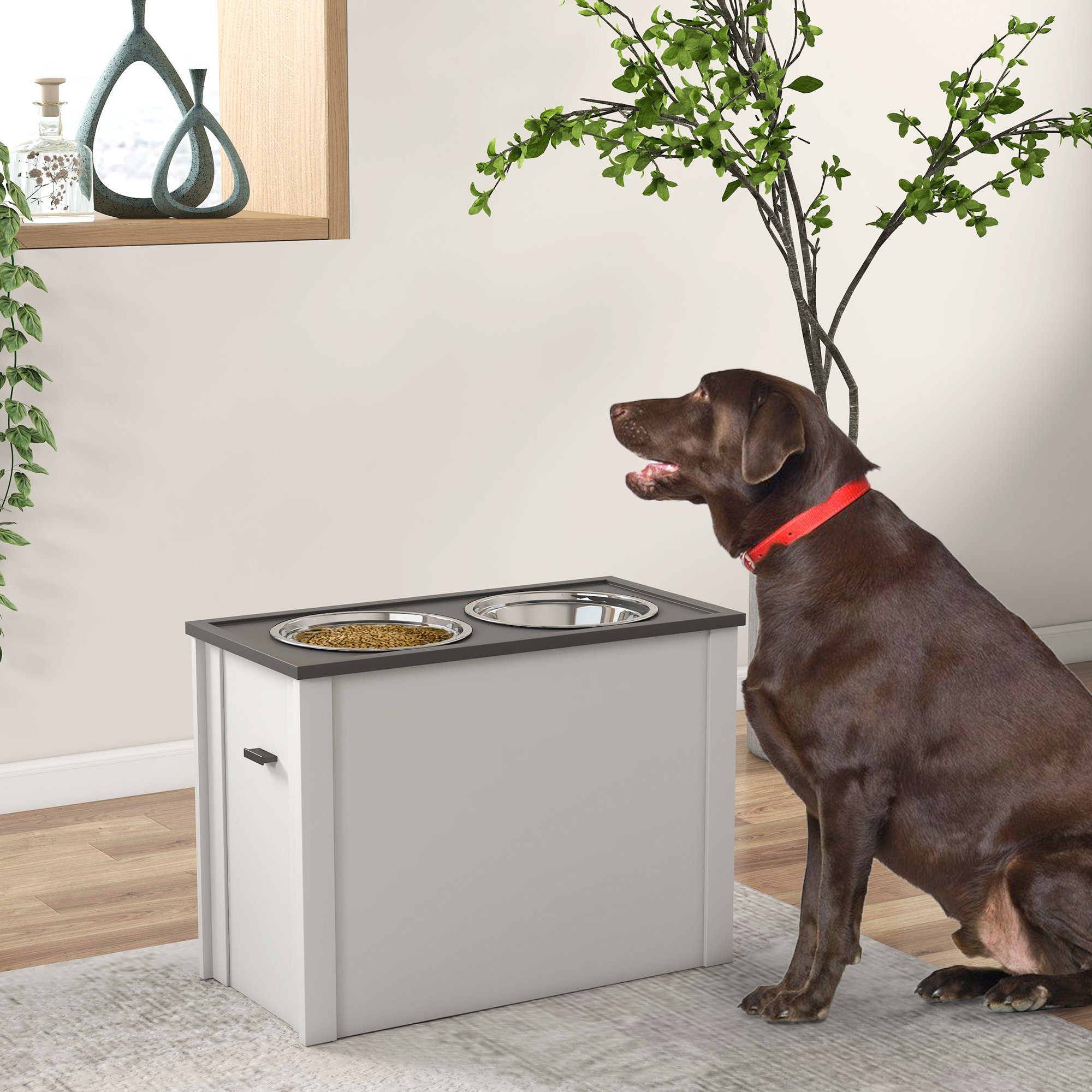 PawHut Futternapf Hunde Futterstation mit Stauraum, Napfständer mit 2 Edelstahlschüsseln, Stahl, 60L x 30B x 42H cm