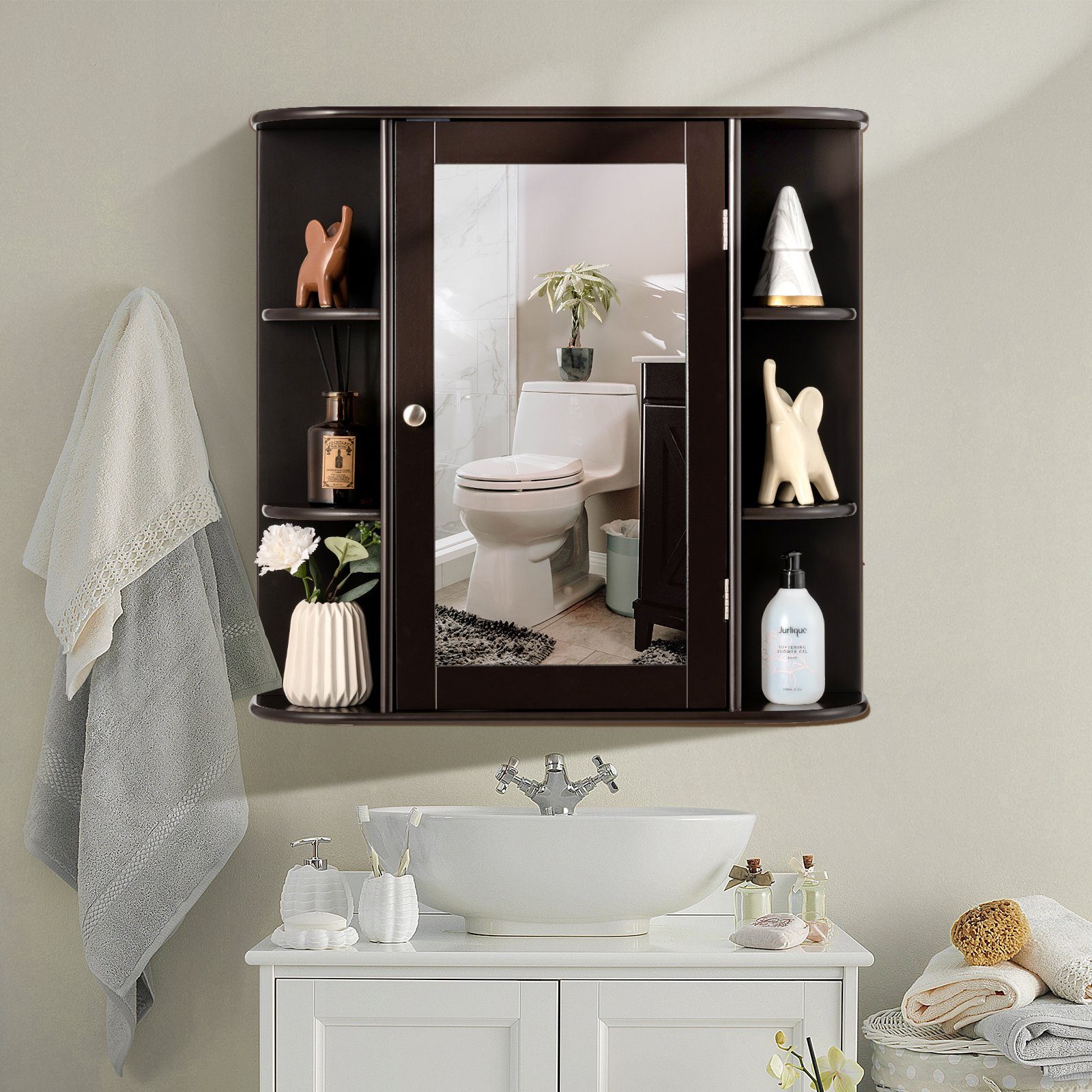 COSTWAY Spiegelschrank Badezimmerschrank mit Spiegeltür&Ablagen, hängend 65cm