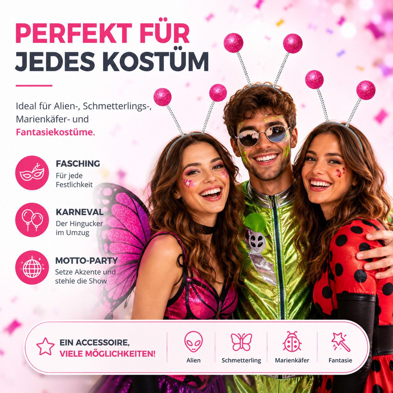 TK Gruppe Kostüm Haarreif Schmetterling Bommel Wackel Alien Fühler Fasching & Karneval