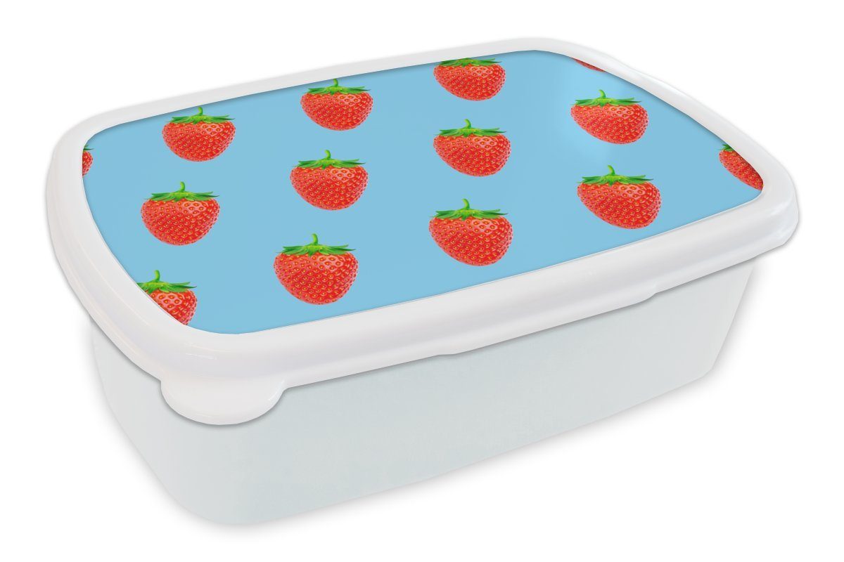 MuchoWow Lunchbox Erdbeere - Muster - Sommer, Kunststoff, (2-tlg), Brotbox für Kinder und Erwachsene, Brotdose, für Jungs und Mädchen weiß