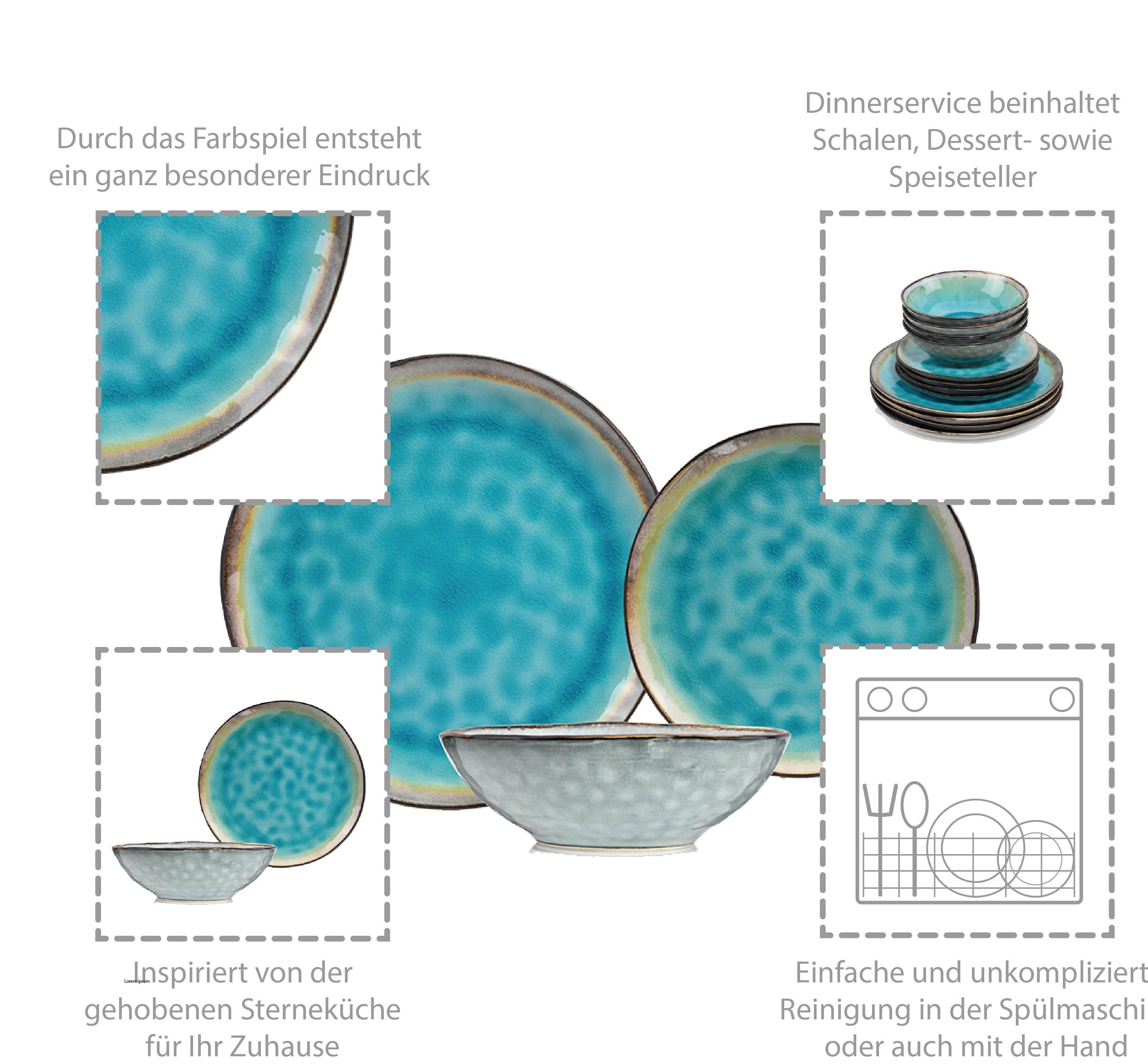 SÄNGER Tafelservice Capri Geschirrset, Türkis Blau (12-tlg), 4 Personen, Steingut, Handmade, Premium Collection