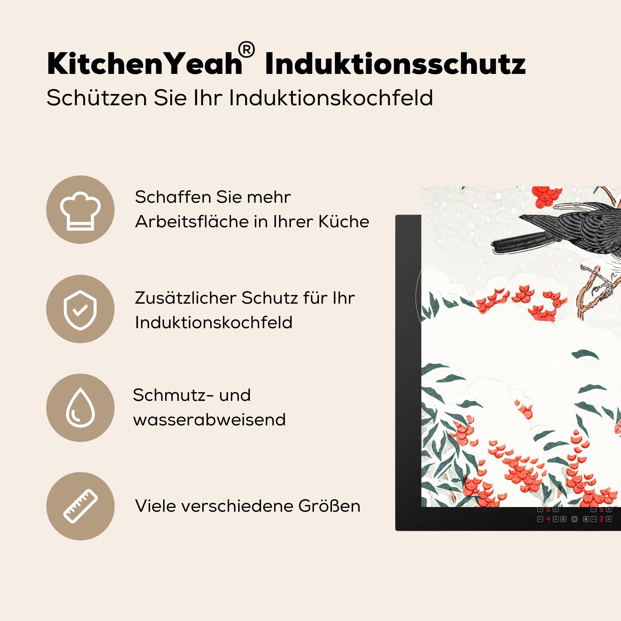 MuchoWow Herdblende-/Abdeckplatte Beere Arbeitsplatte küche tlg), (1 cm, Japan Vinyl, Ceranfeldabdeckung, - für - Vögel Schwalbe, 77x59 