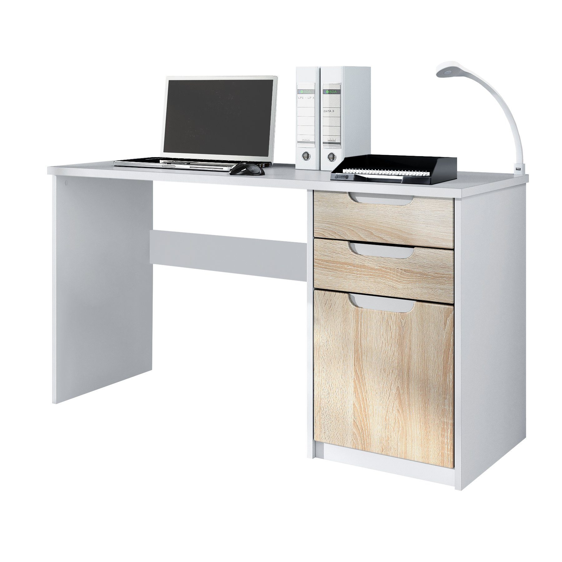 Vladon Schreibtisch Logan (Bürotisch, mit 2 Schubladen und 1 Tür), Weiß matt/Eiche sägerau (129 x 76 x 60 cm) Fronten in Eiche sägerau