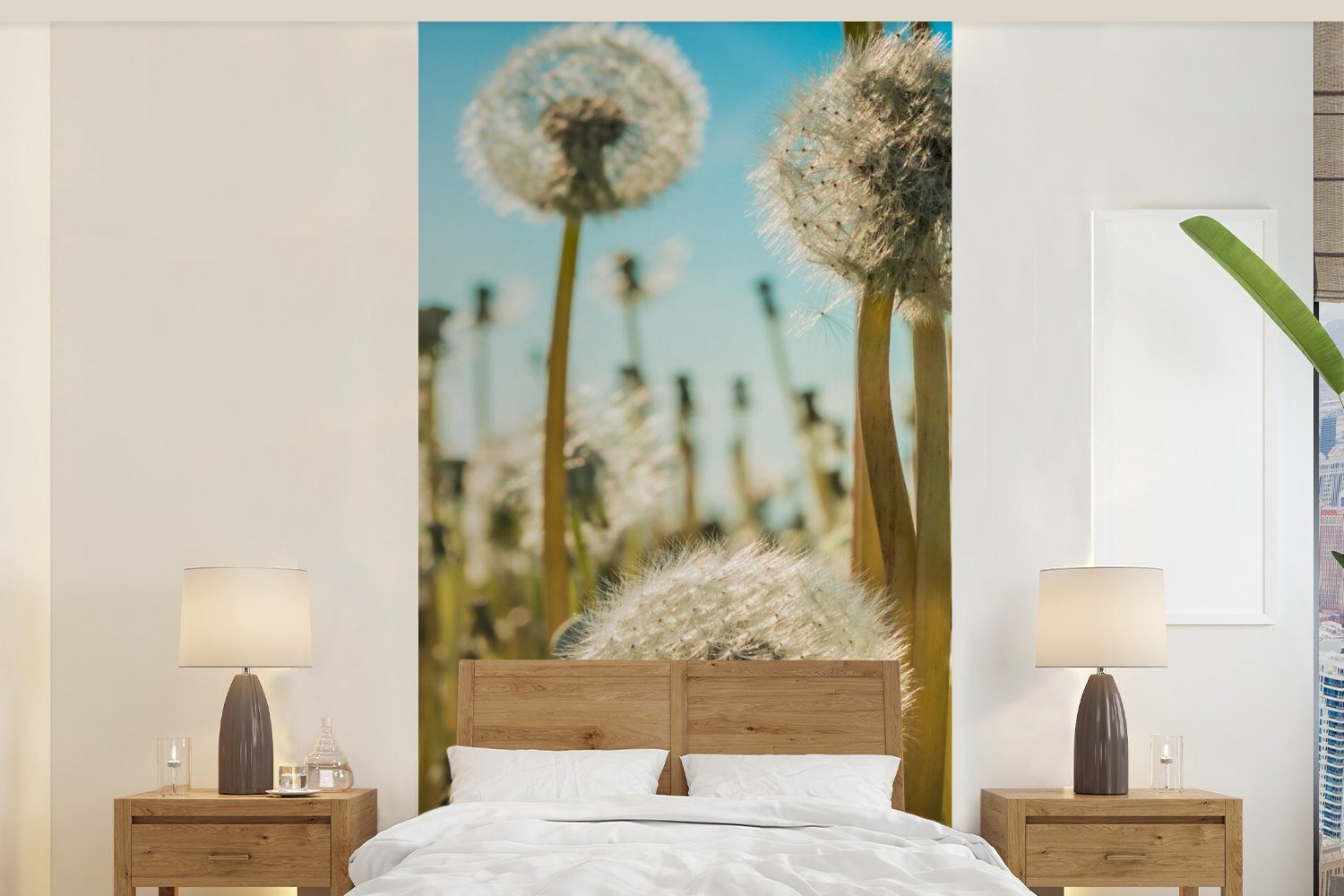 Vliestapete Fototapete Schlafzimmer Gras, Blumen Matt, (2 - Löwenzahn MuchoWow Wohnzimmer für Fototapete bedruckt, - St), Küche,