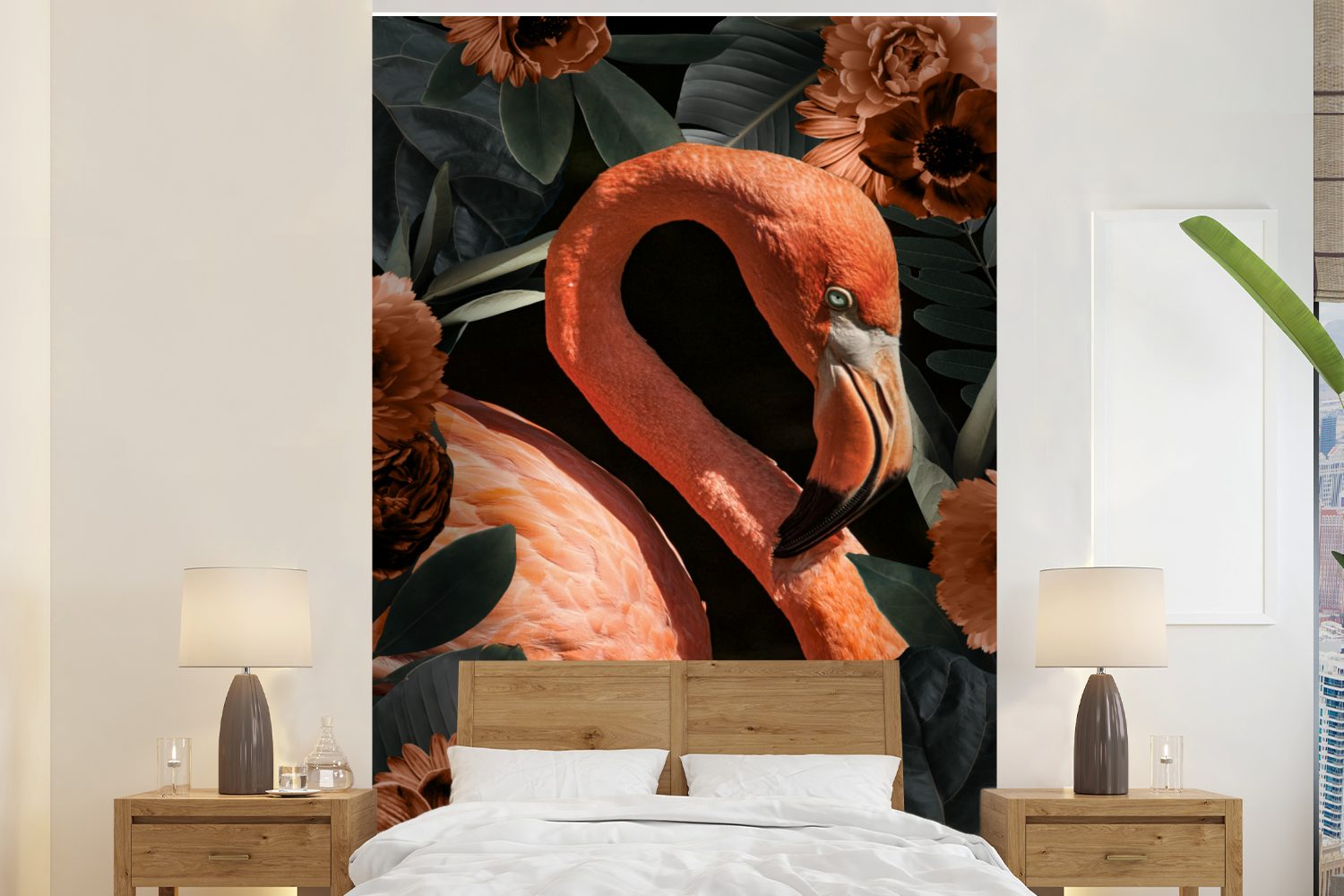 Flamingo - Fototapete Matt, Wandtapete Vinyl Rosa Tapete MuchoWow - Wohnzimmer, St), für bedruckt, Blätter, (3 Montagefertig