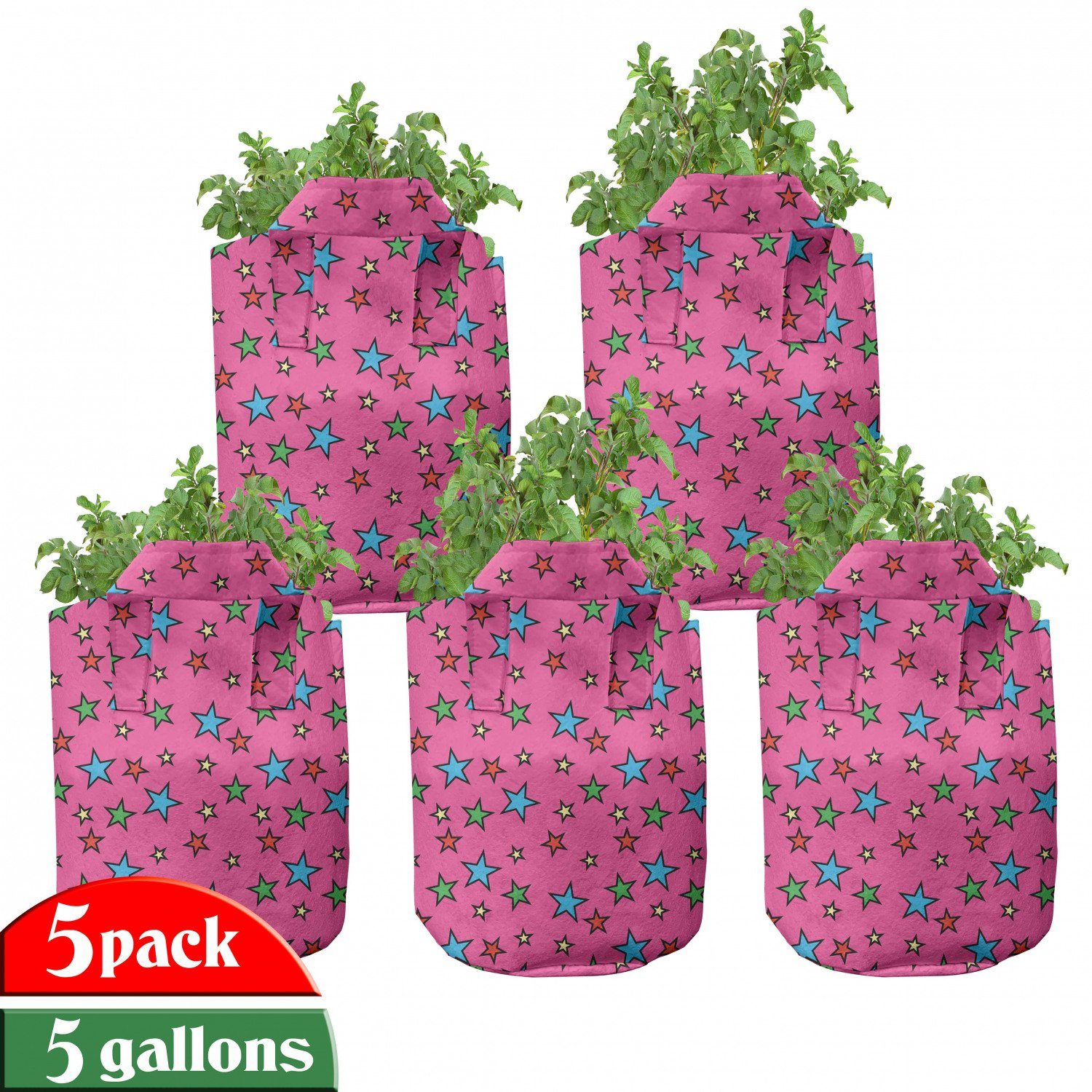 Abakuhaus Pflanzkübel hochleistungsfähig Stofftöpfe mit Griffen für Pflanzen, Bunt Pink Retro Sterne