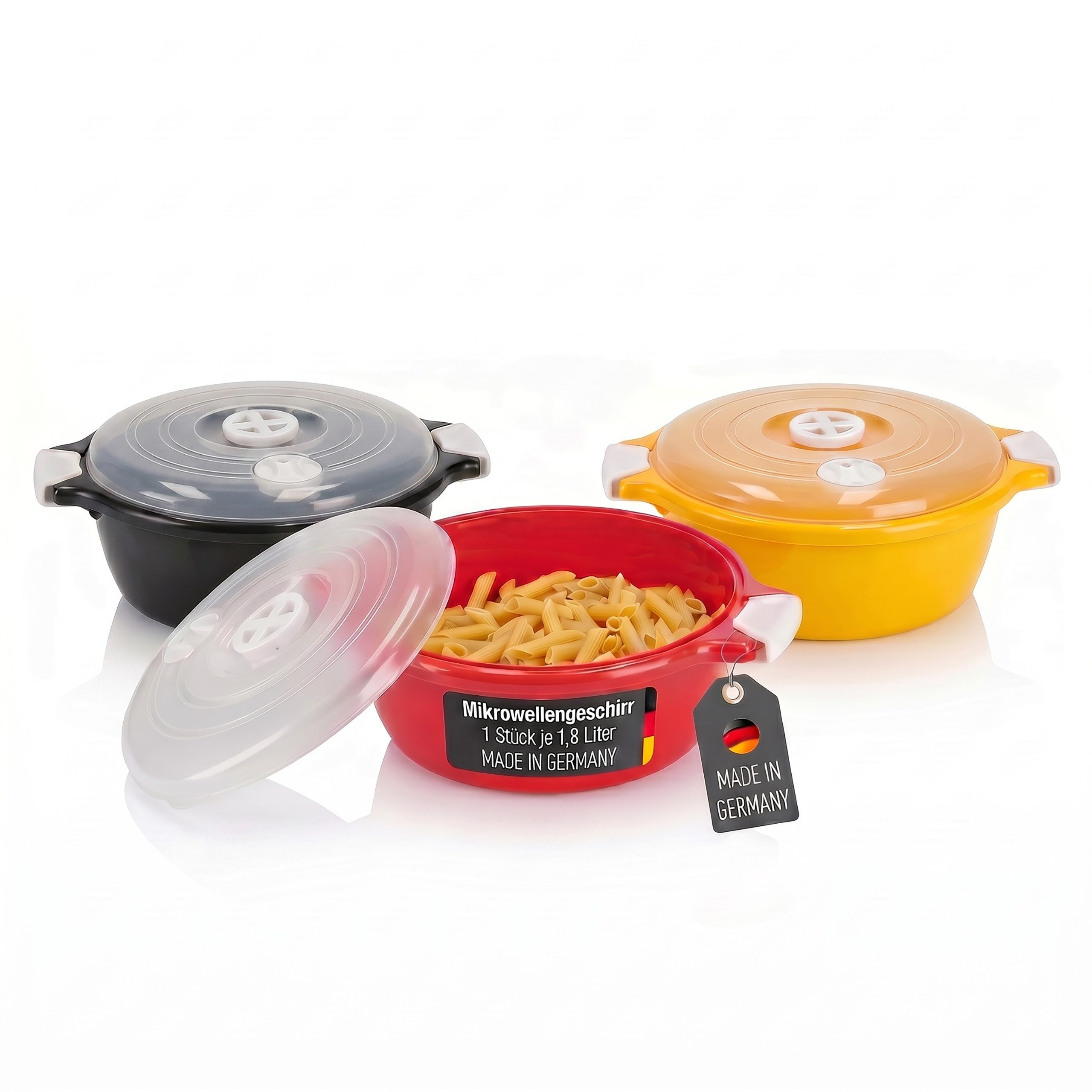 Lantelme Mikrowellenbehälter Mikrowellenschüssel 3er Set Schwarz Rot Gold mit 1,8 Liter, Kunststoff, (3-tlg., Schüssel auch für Kühlschrank und Picknick), Kunststoff mit Deckel und Dampfventil, Deutsche Herstellung