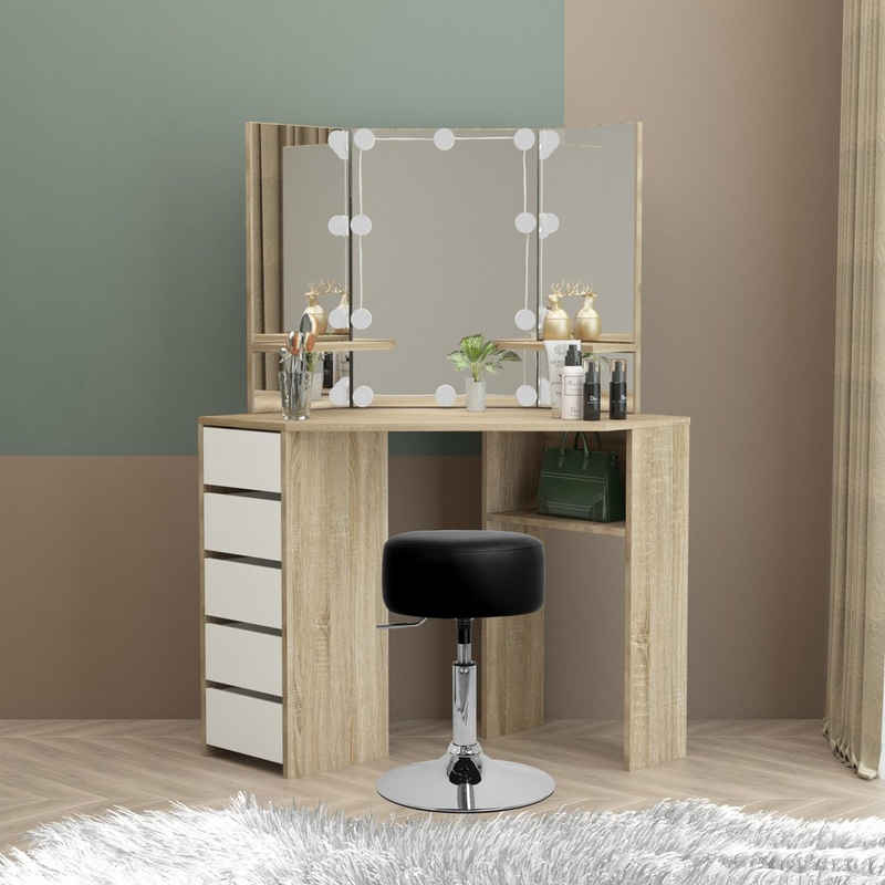 ML-DESIGN Schminktisch Frisierkommode aus MDF Holz mit Spiegel Make-up Tisch, Schminktisch Weiß/Natur 110x54x141,5cm LED-Beleuchtung Hocker Schwarz