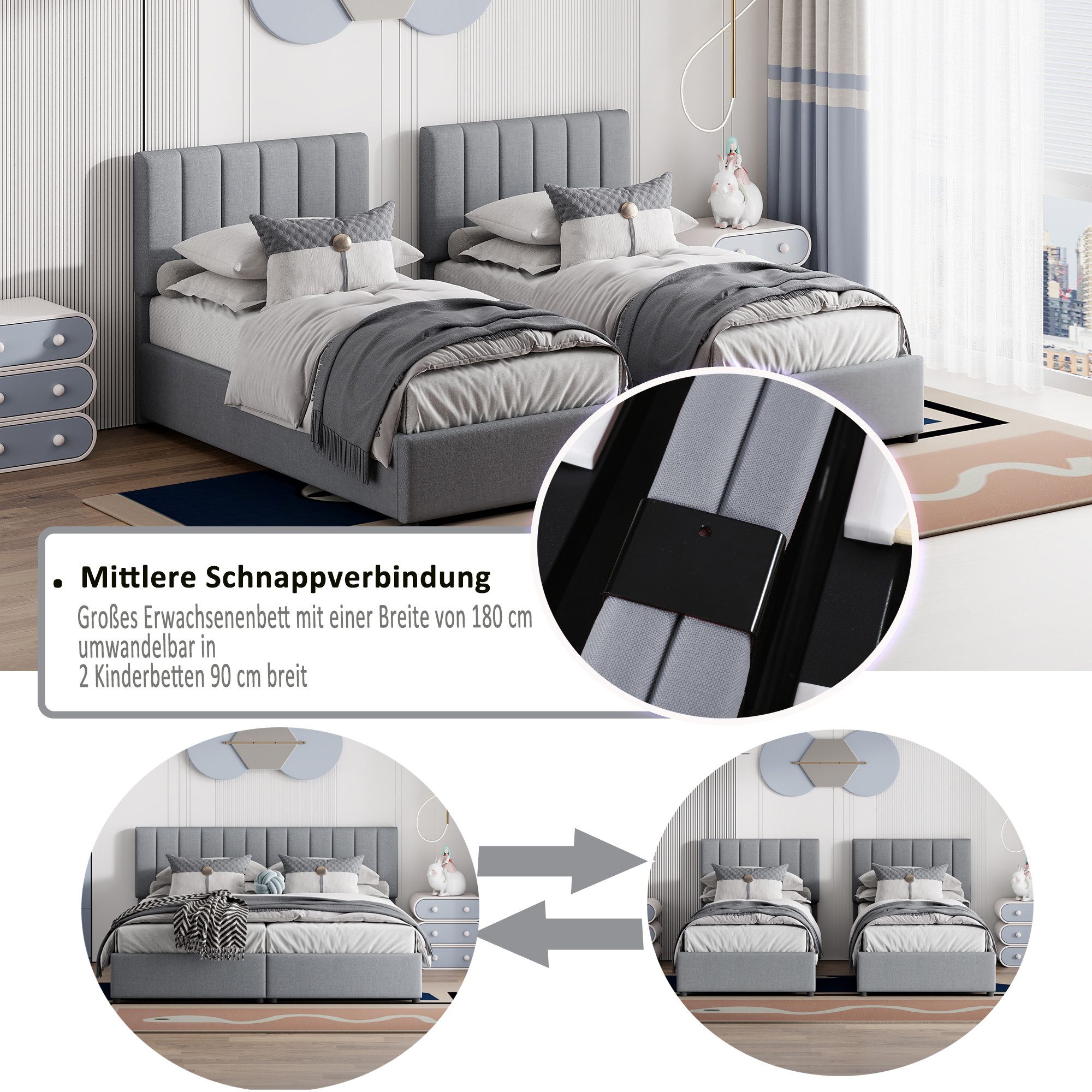Polsterbett (Doppelbett), hydraulisches Stauraumbett 180x200cm mit verstellbarem Kopfteil Leinen
