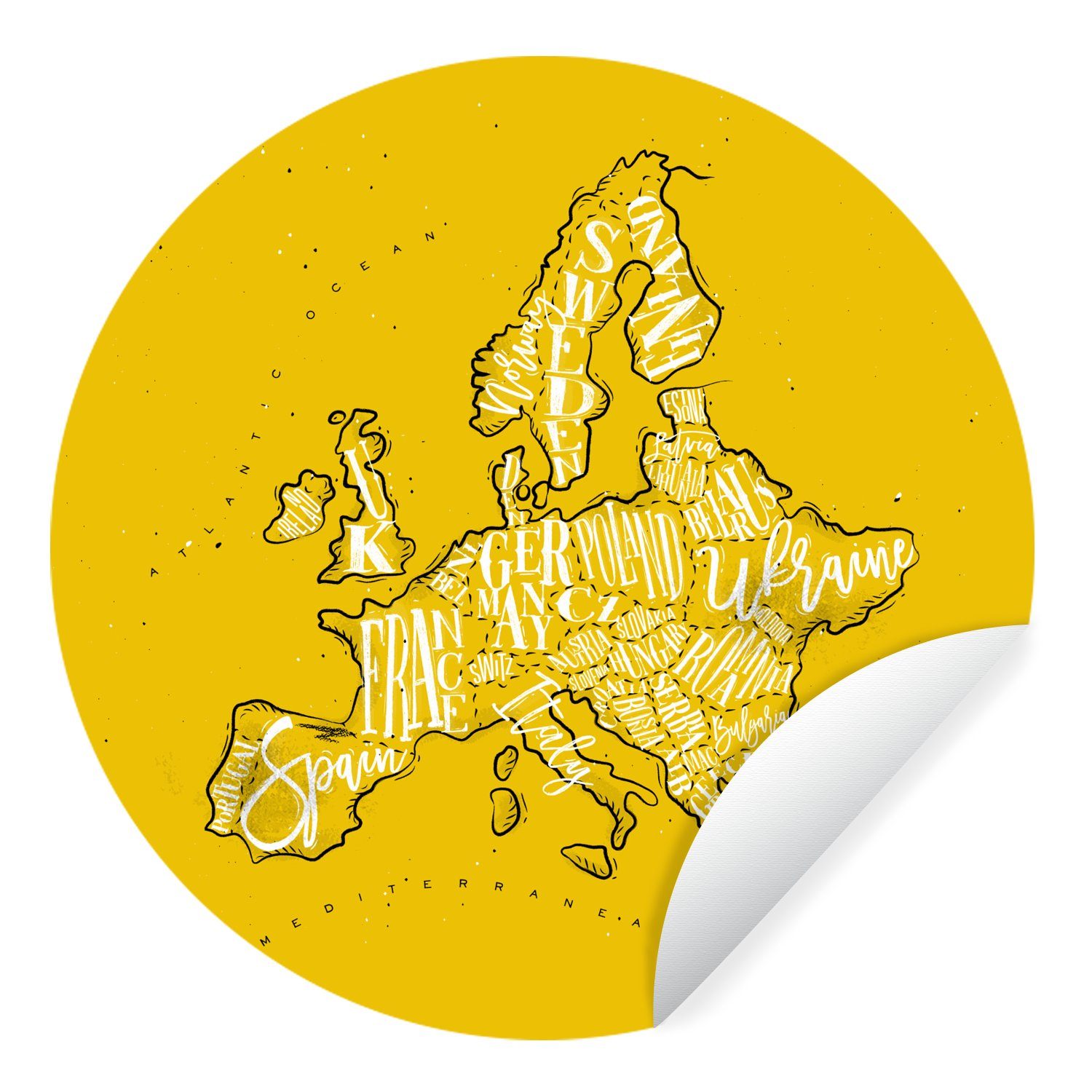 MuchoWow Wandsticker Karte - Europa - Gelb - Weiß (1 St), Tapetenkreis für Kinderzimmer, Tapetenaufkleber, Rund, Wohnzimmer