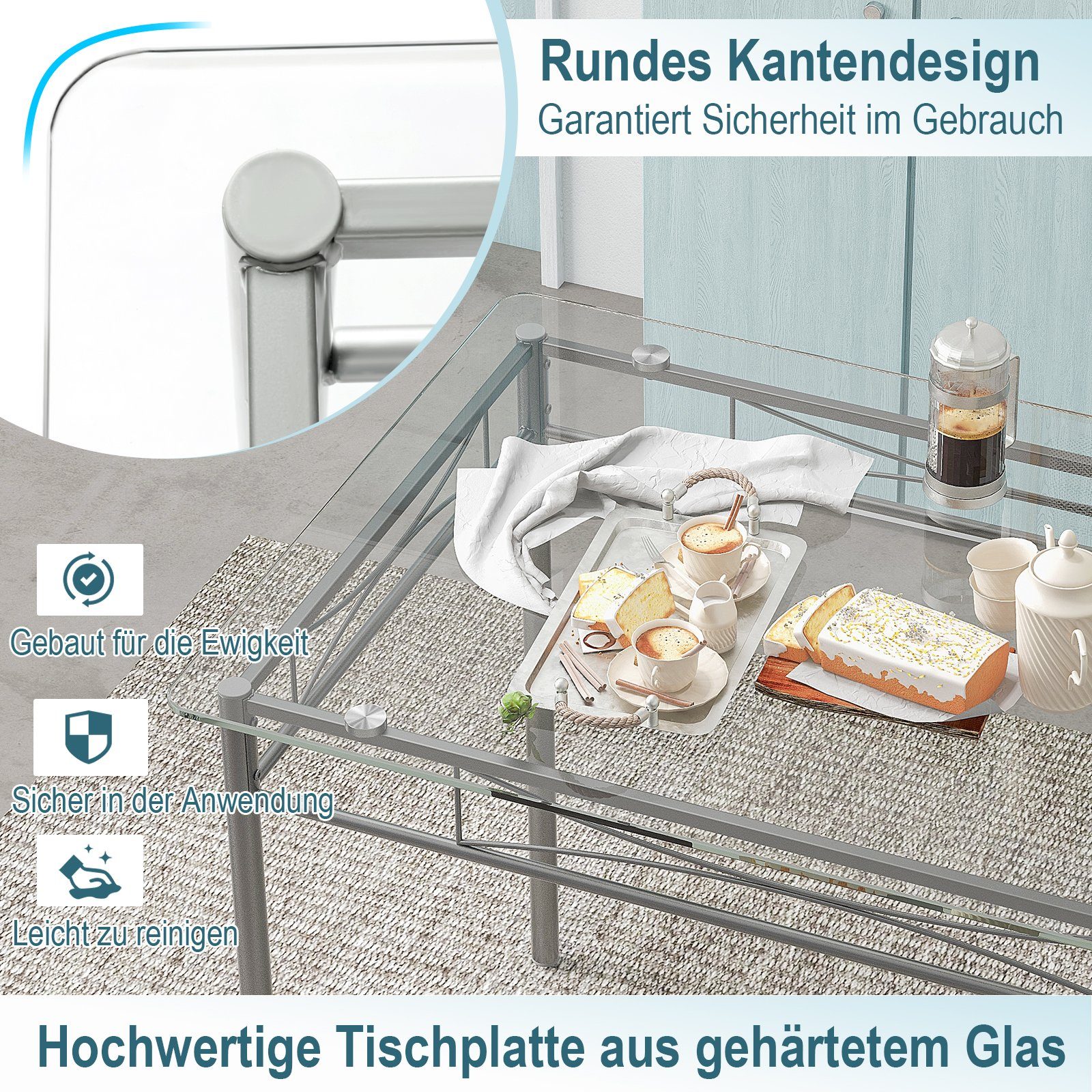 mit Metall COSTWAY 5 Stühlen, Esstisch Essgruppe, 4 Glas tlg. & aus Set