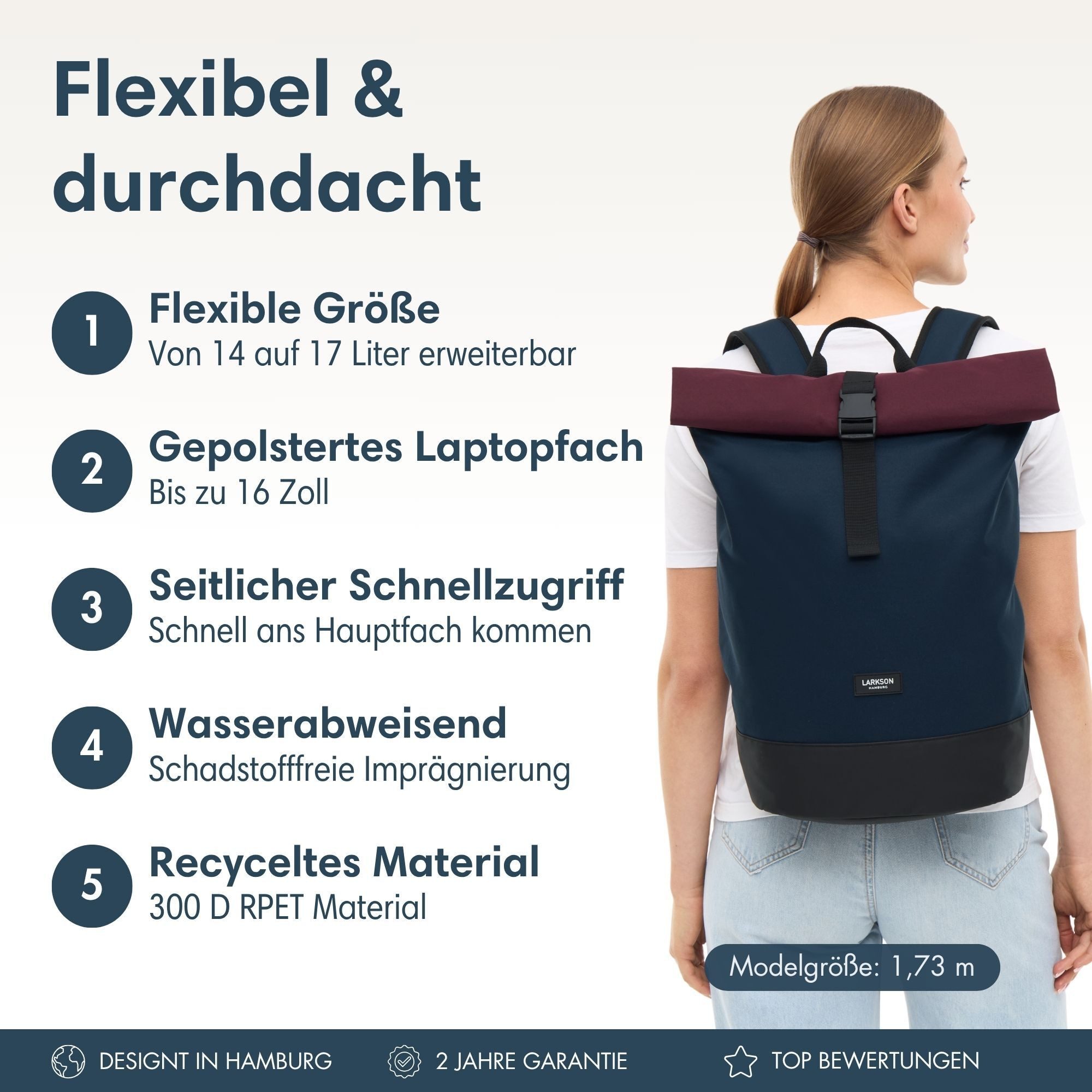 LARKSON Cityrucksack Janne Tagesrucksack 14-17 Liter für Damen & Herren (1-tlg), Flexible Größe, Gepolstertes Laptopfach, Wasserabweisend