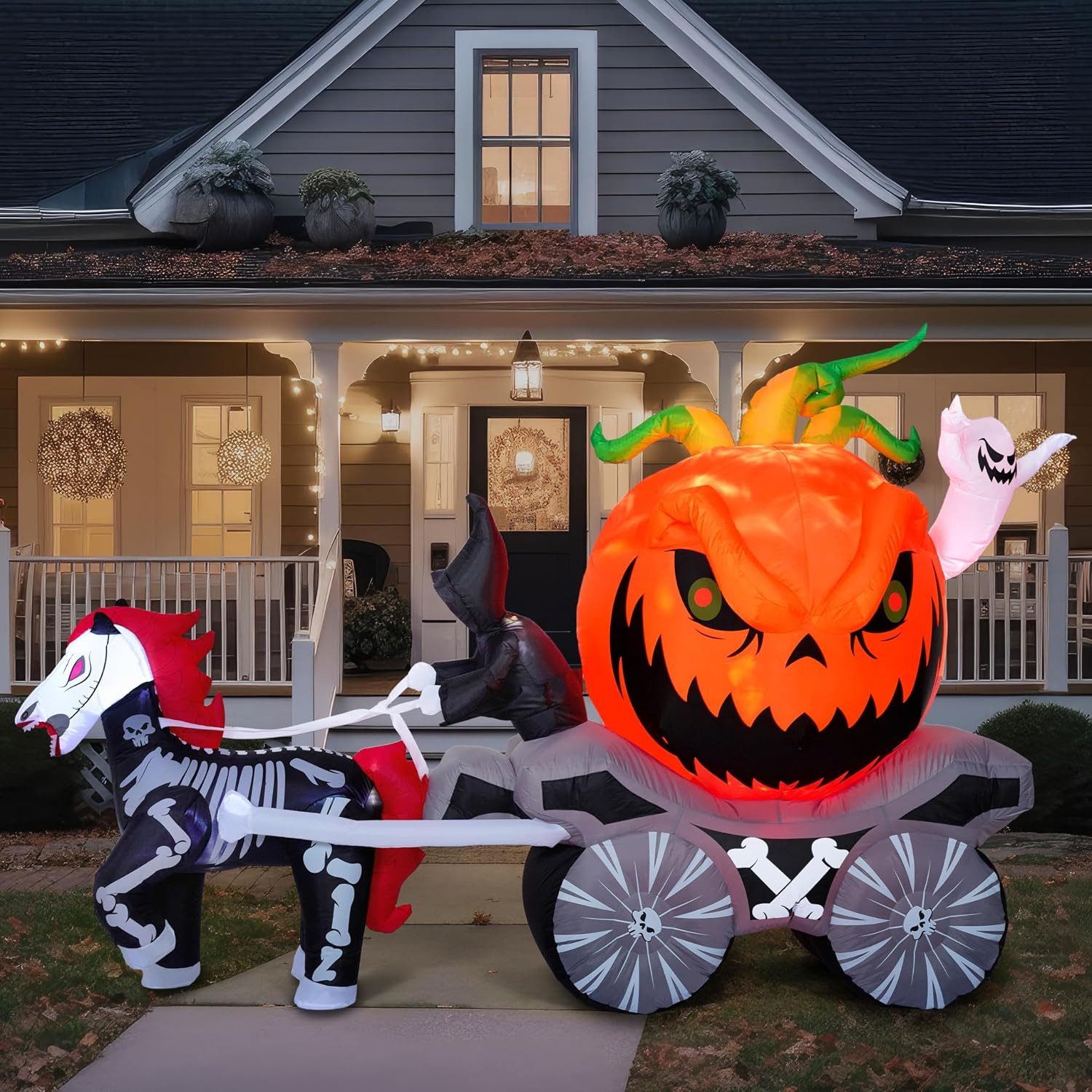 Joiedomi Aufblasbares Partyzubehör Joiedomi 2,4 m Halloween Aufblasbare Kürbiskutsche mit LEDs, Sensenman