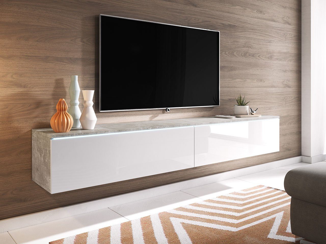 Mirjan24 TV-Schrank D180 Stilvoll TV-Tisch, 2 Türen, Modern Wohnzimmer Beton / Weiß Hochglanz