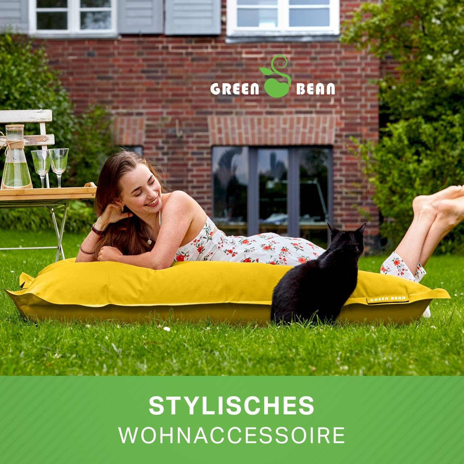 Green Bean Kinder Liegekissen), Sitzsack Groß Perlen Draußen Bodenkissen Lounge (XXL Bag Square Bean Füllung, & Erwachsene Gelb Sitzkissen Outdoor 380 Waschbar Riesensitzsack EPS Wetterfest 140x180cm Liter