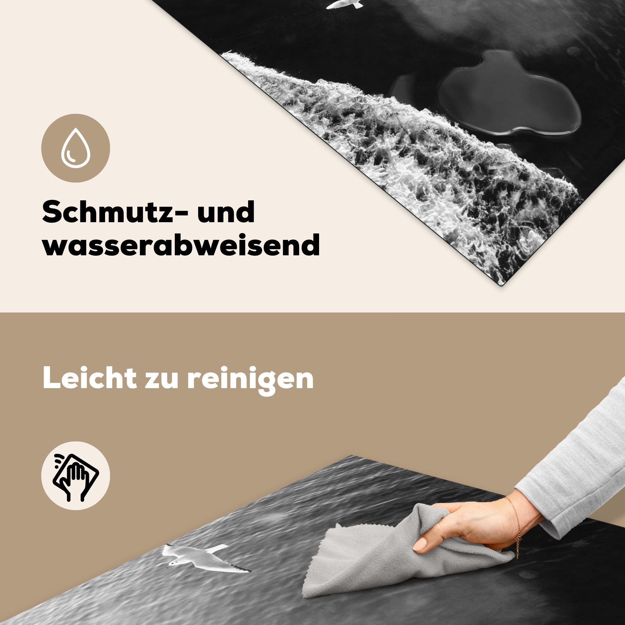 Wattenmeer MuchoWow Weiß Möwe, Schwarz für 78x78 Arbeitsplatte Herdblende-/Abdeckplatte Ceranfeldabdeckung, (1 - Vinyl, tlg), cm, - küche -
