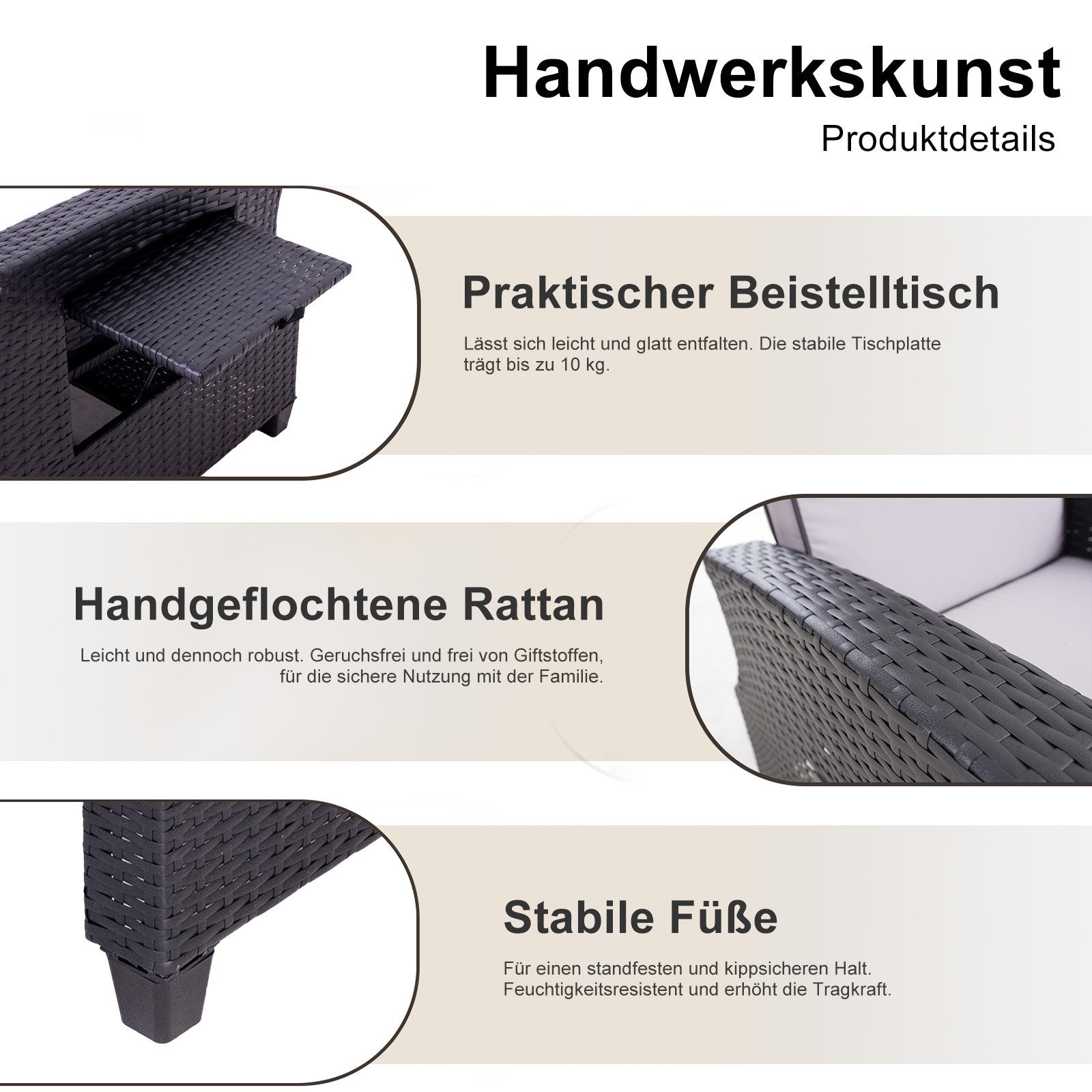 HOMAVO Gartensessel Rattansessel mit verstellbarer Rückenlehne, praktischem Ablagetisch (Maximale Belastung 200 kg, Legierung Stahlrahmen, wetterfest), mit Fußstütze