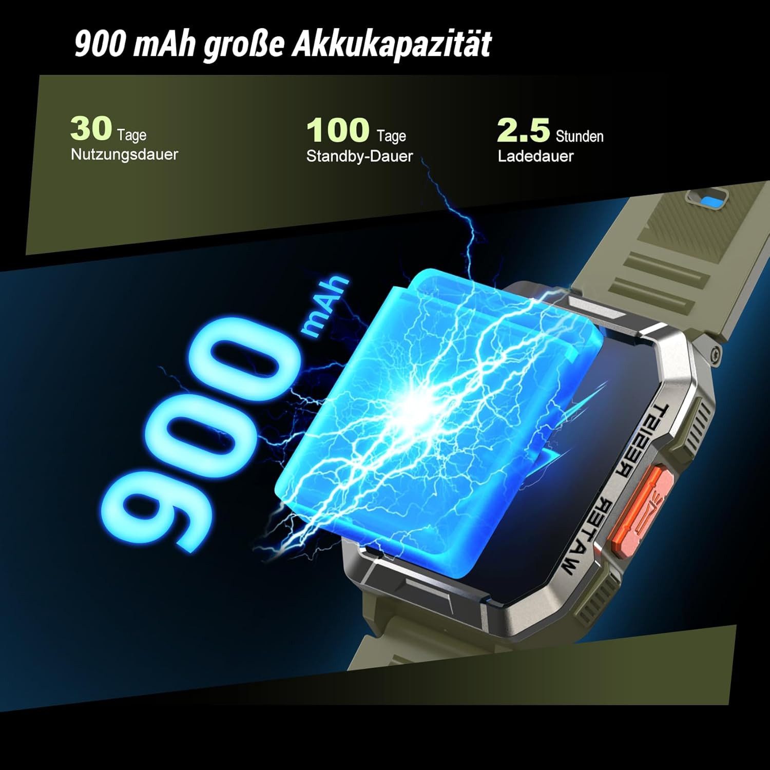 IOWODO Herren"s Militärische Uhr: mit Telefonfunktion und 100 Tage Akku Smartwatch (5 cm/2.01 Zoll, Android/iOS), Robustes Outdoor Gerät für Anrufe GPS SpO2 Schlafanalyse IP68