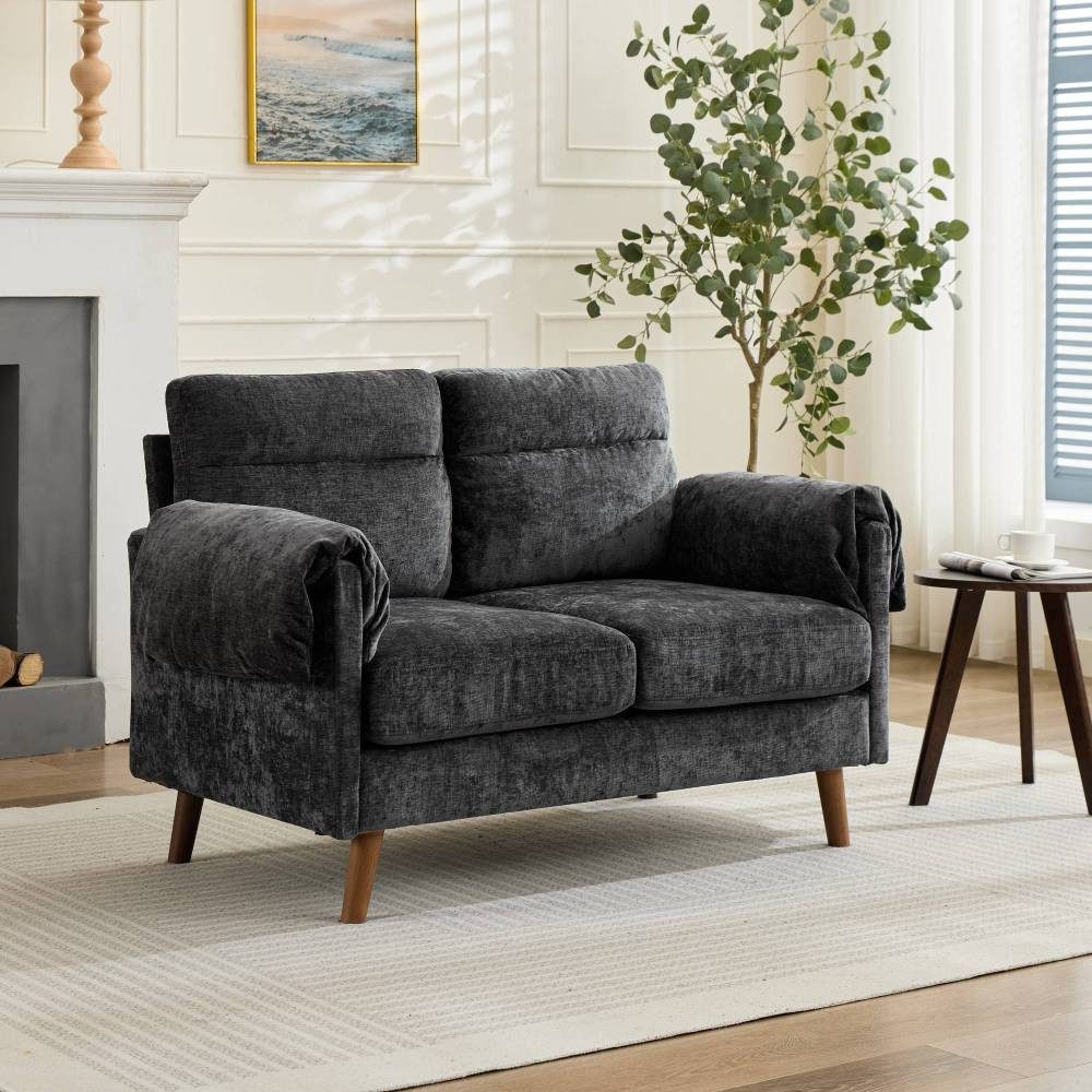 BBWL Sofa Mid-Century Couch mit weichem Plüschstoff, Kissen, Faux-Holz Beine, 2-Sitzer Chenille Sofa, platzsparend für Wohnzimmer & Schlafzimmer